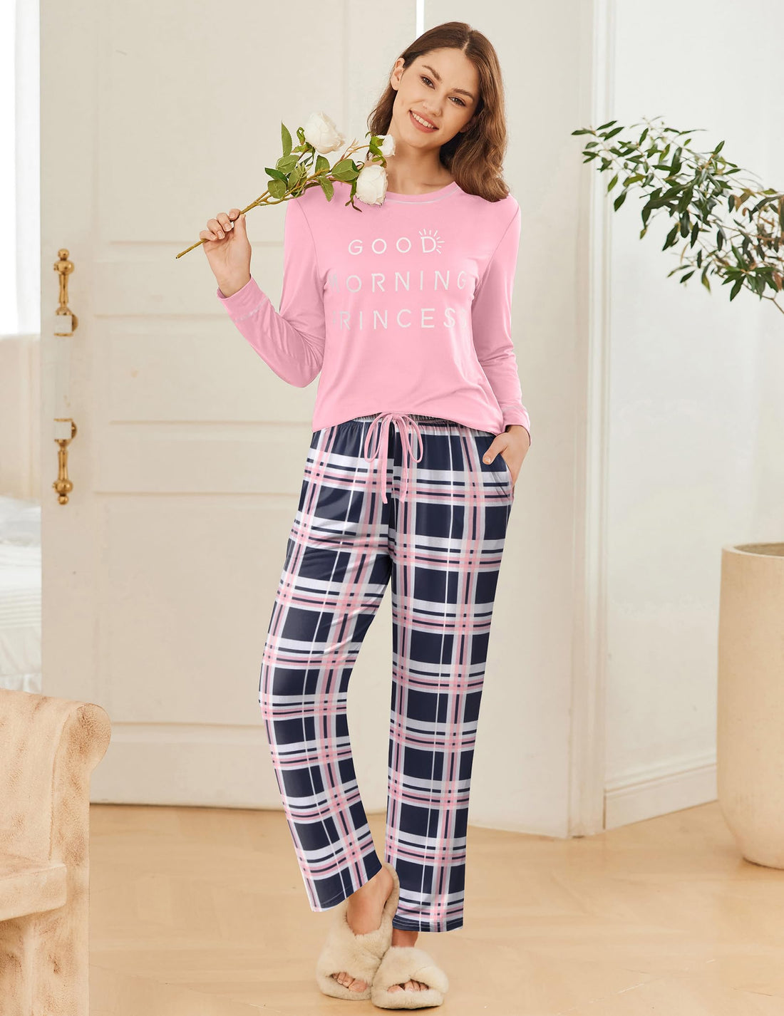 Ekouaer 2 Pack Women Pajama Long Sleeve Sleepwear Soft Loungewear Pjs Sets with Pockets S-XXL