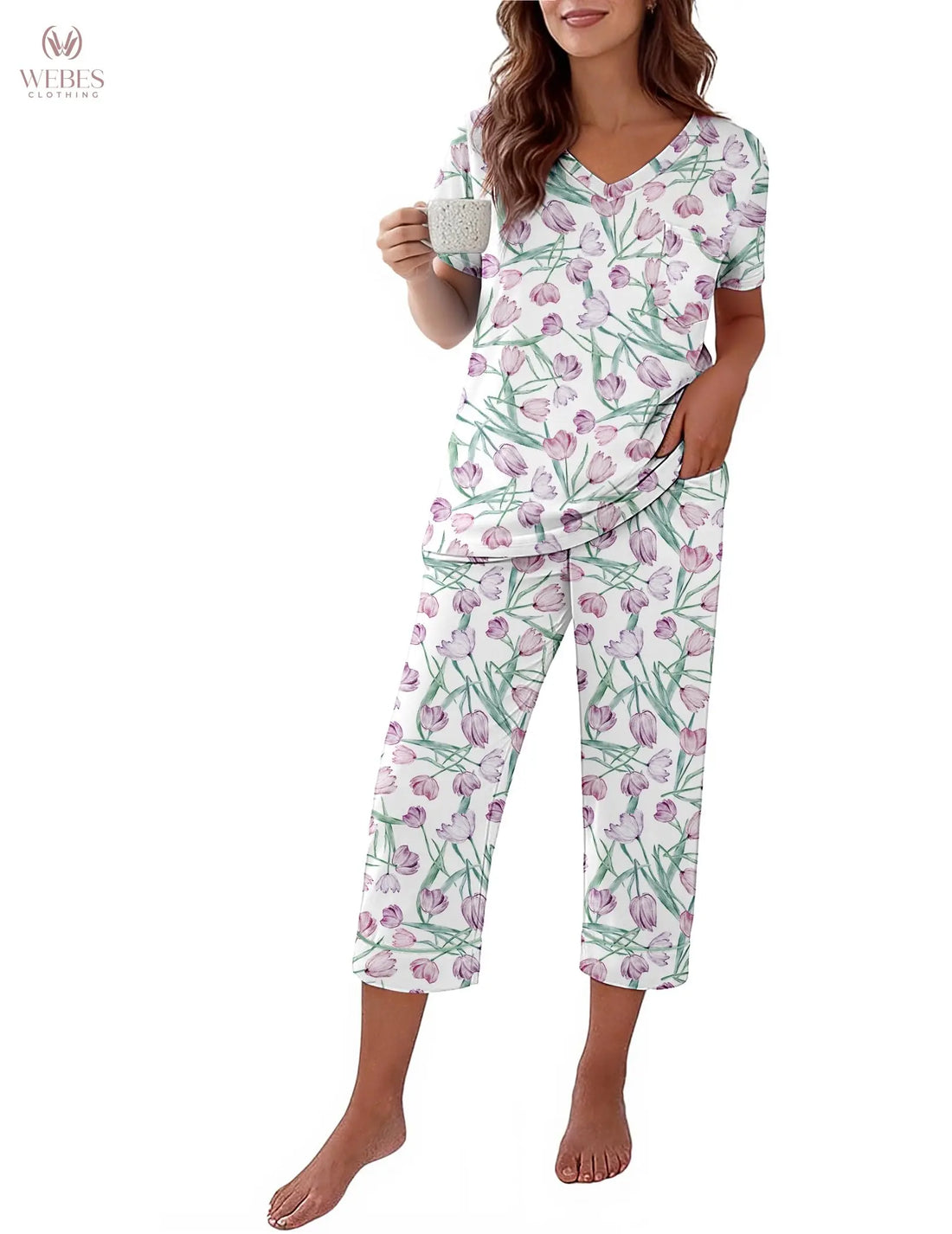 Ekouaer Cotton Pajamas for Women Set Short Sleeve Top and Capri Pants | 2 Pieces Lounge Set with Pockets V Neck Comfy Soft Sleepwear for Mom, Wife, Grandmother WEBE CLOTHING