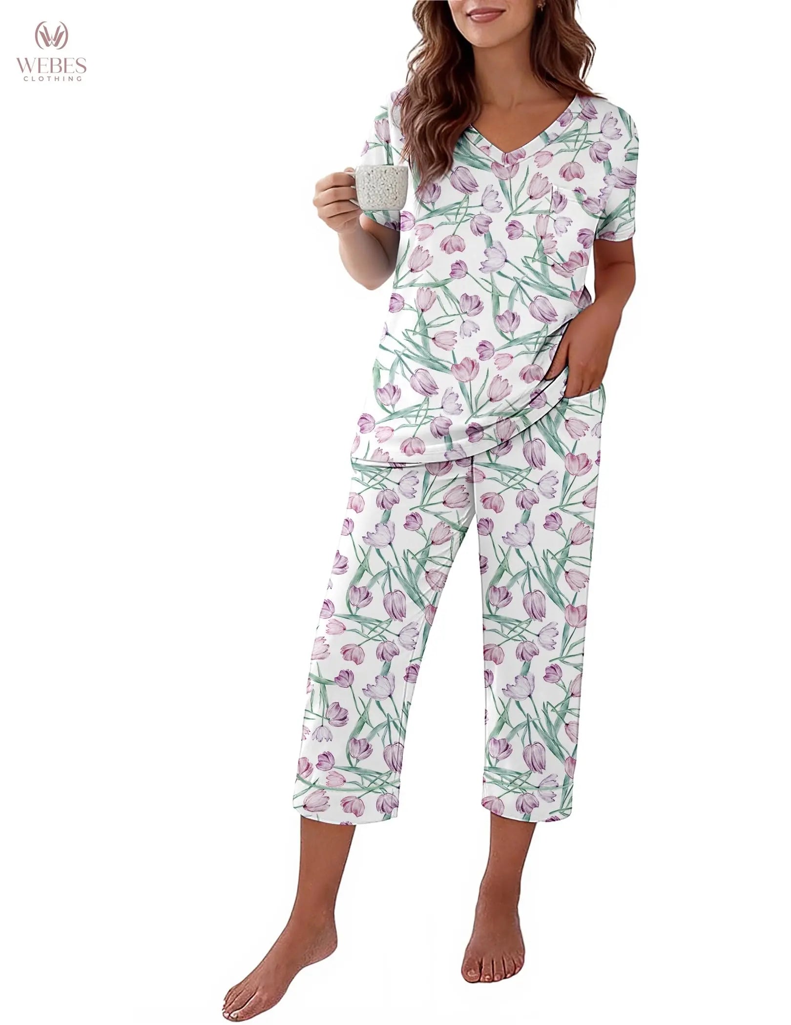 Ekouaer Cotton Pajamas for Women Set Short Sleeve Top and Capri Pants | 2 Pieces Lounge Set with Pockets V Neck Comfy Soft Sleepwear for Mom, Wife, Grandmother WEBE CLOTHING