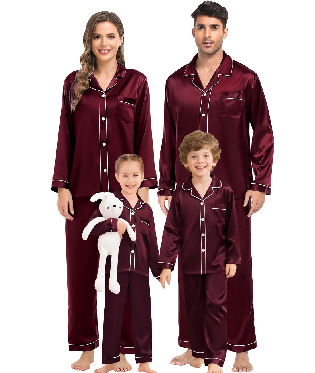 SWOMOG Family Matching Pajama Set Women/Men/Kids Satin Pajamas Long Sleeve Sleepwear Button Down Loungewear 2 Pcs Pj Set