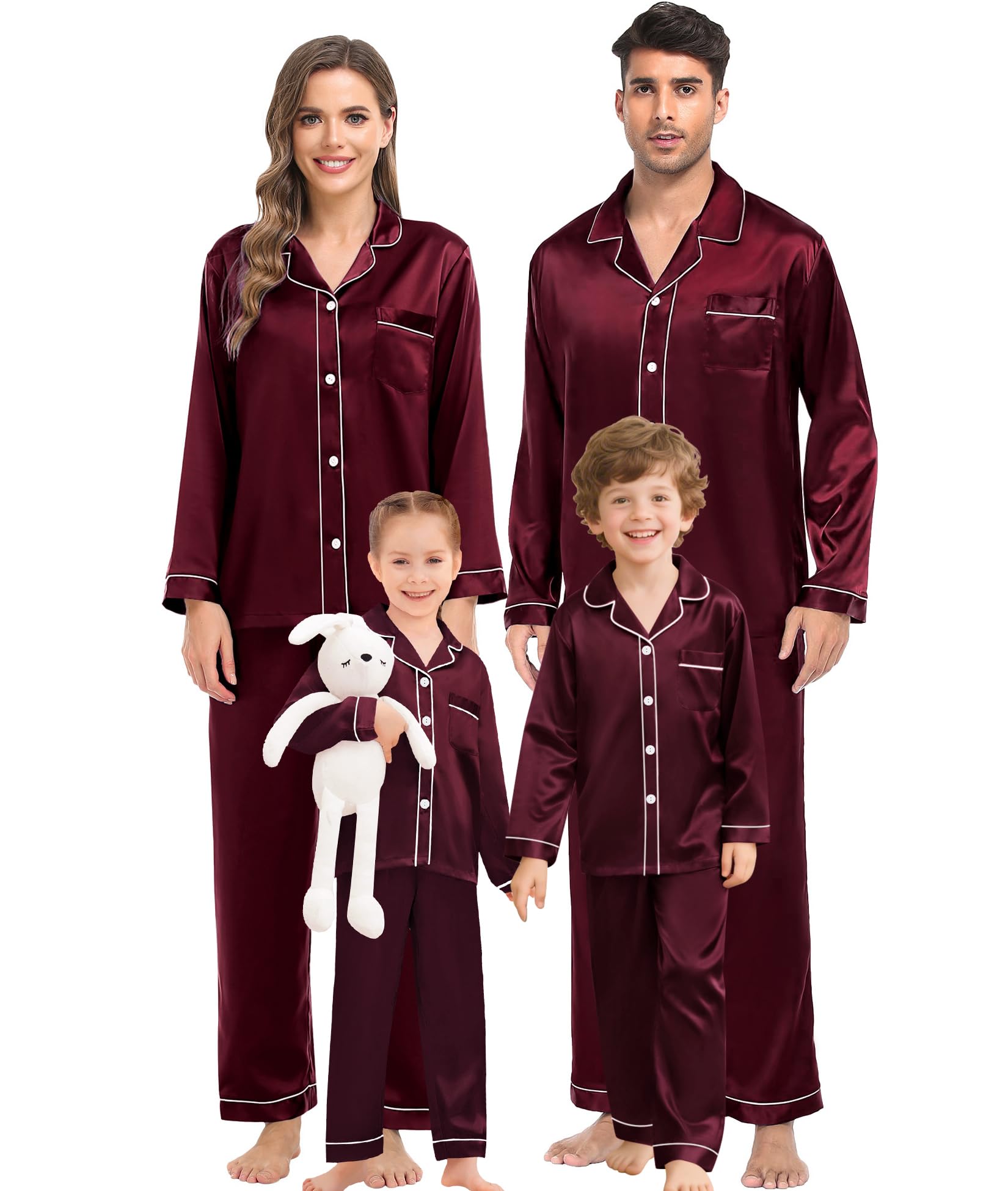 SWOMOG Family Matching Pajama Set Women/Men/Kids Satin Pajamas Long Sleeve Sleepwear Button Down Loungewear 2 Pcs Pj Set