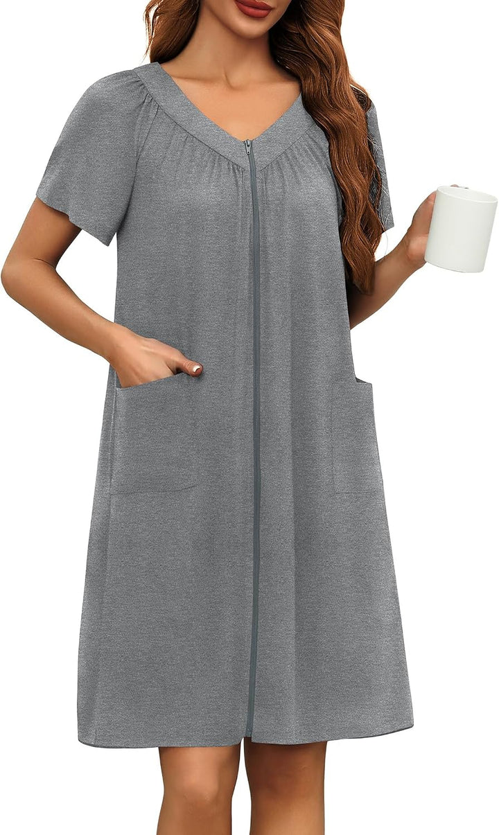 Ekouaer Women Robe Zipper Front Mumu Duster Robes Zip Up Housecoat Soft Sleepwear with Pockets
