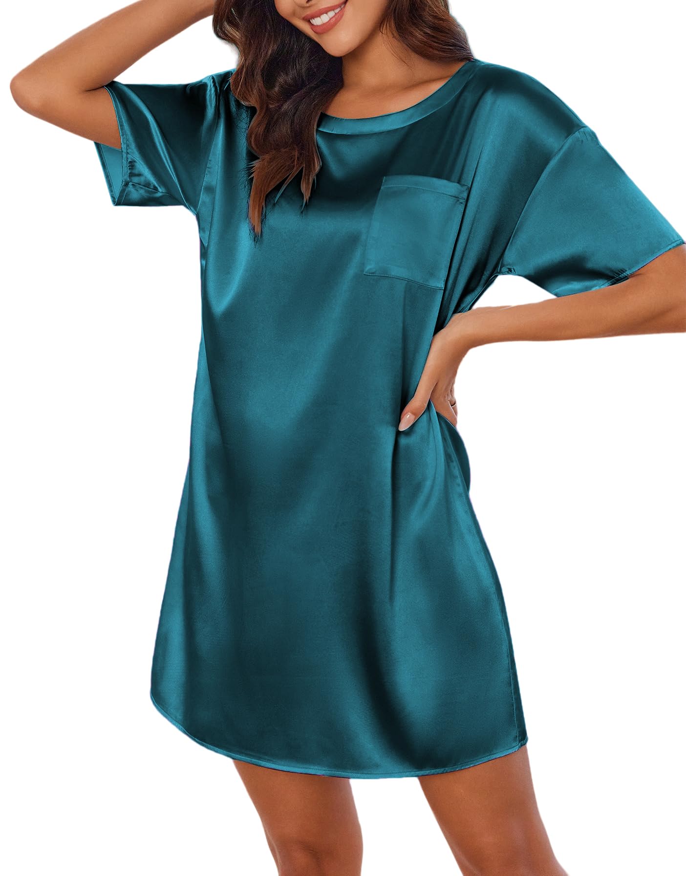 Ekouaer Silk Sleep Shirts for Women Satin Nightshirt Tshirt Nightgown Short Sleeve Round Neck Sleepwear with Pocket S-2XL