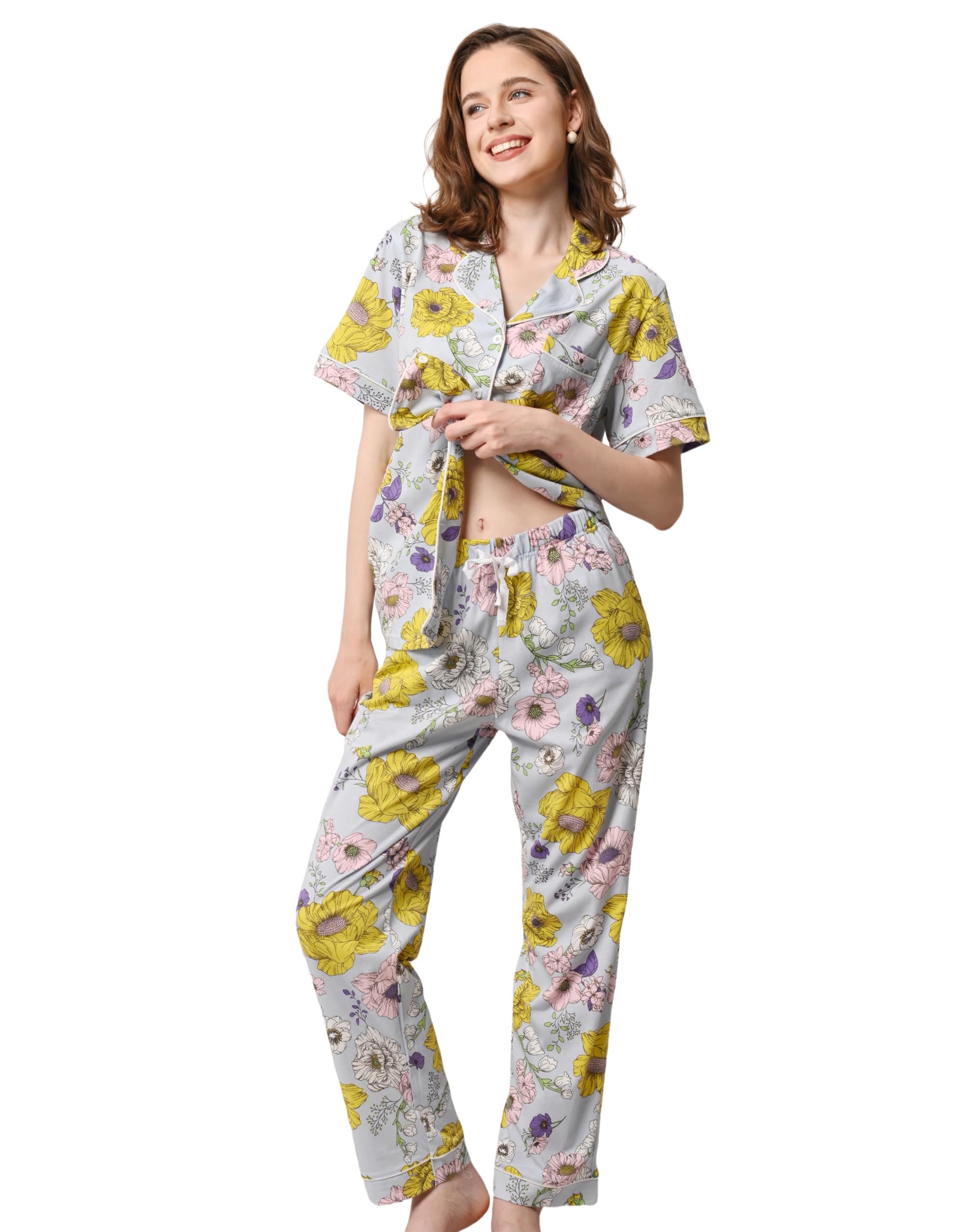 NAP BOUND 100% Cotton Pajamas for Women Sets 2 Pieces Pjs Button short sleeves with Pockets Soft Sleepwear Loungewear XS-XXL