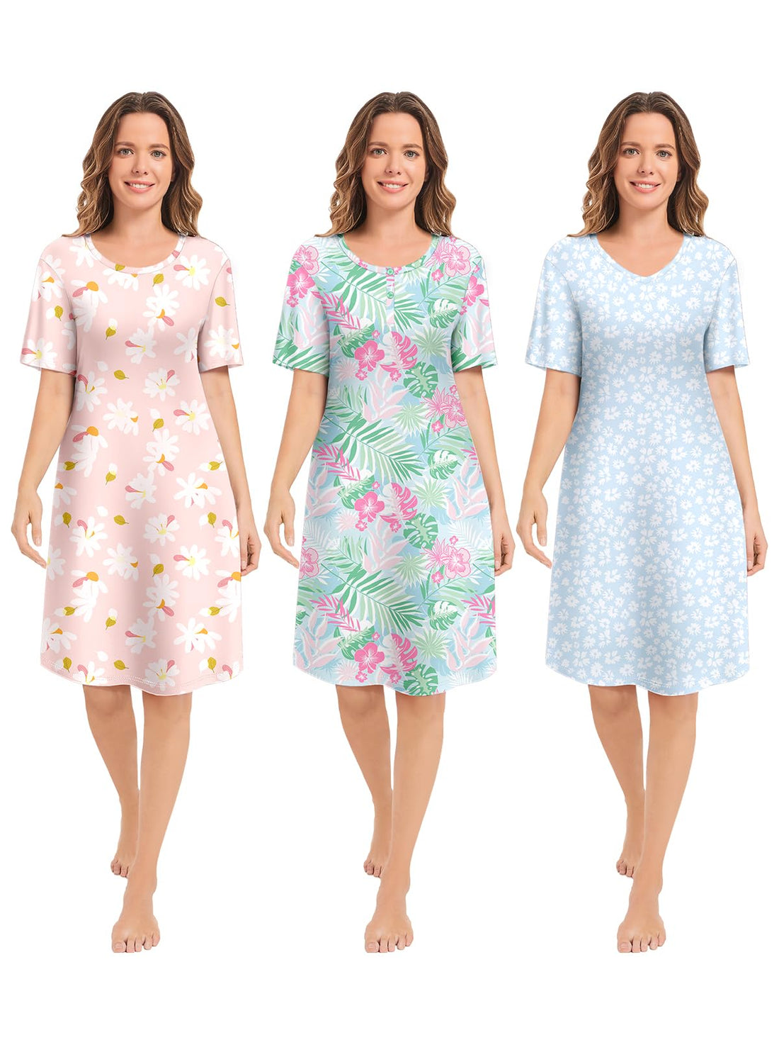 3 Pack Nightgowns for Women Short Sleeve Night Gown Soft Sleep Shirts Women's Sleepwear Print Sleep Dress WEBE CLOTHING