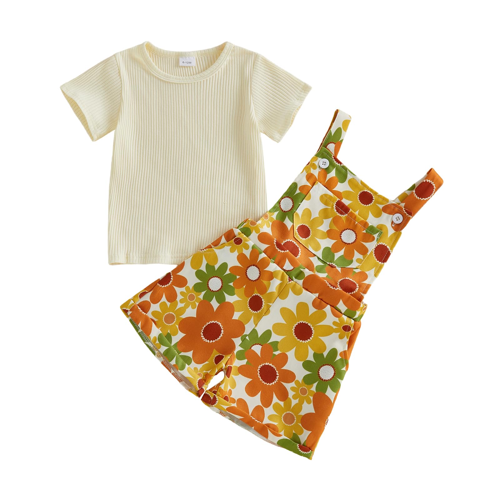 Toddler Baby Girls Summer Outfits T-Shirt Overalls Shorts Set | Short Sleeve Ribbed Shirt, Flower/Apple/Strawberry/Camo/Star/Bee Suspender Overalls, Kid 2Pcs Clothing, Spring Clothes 12M-5Y WEBE CLOTHING