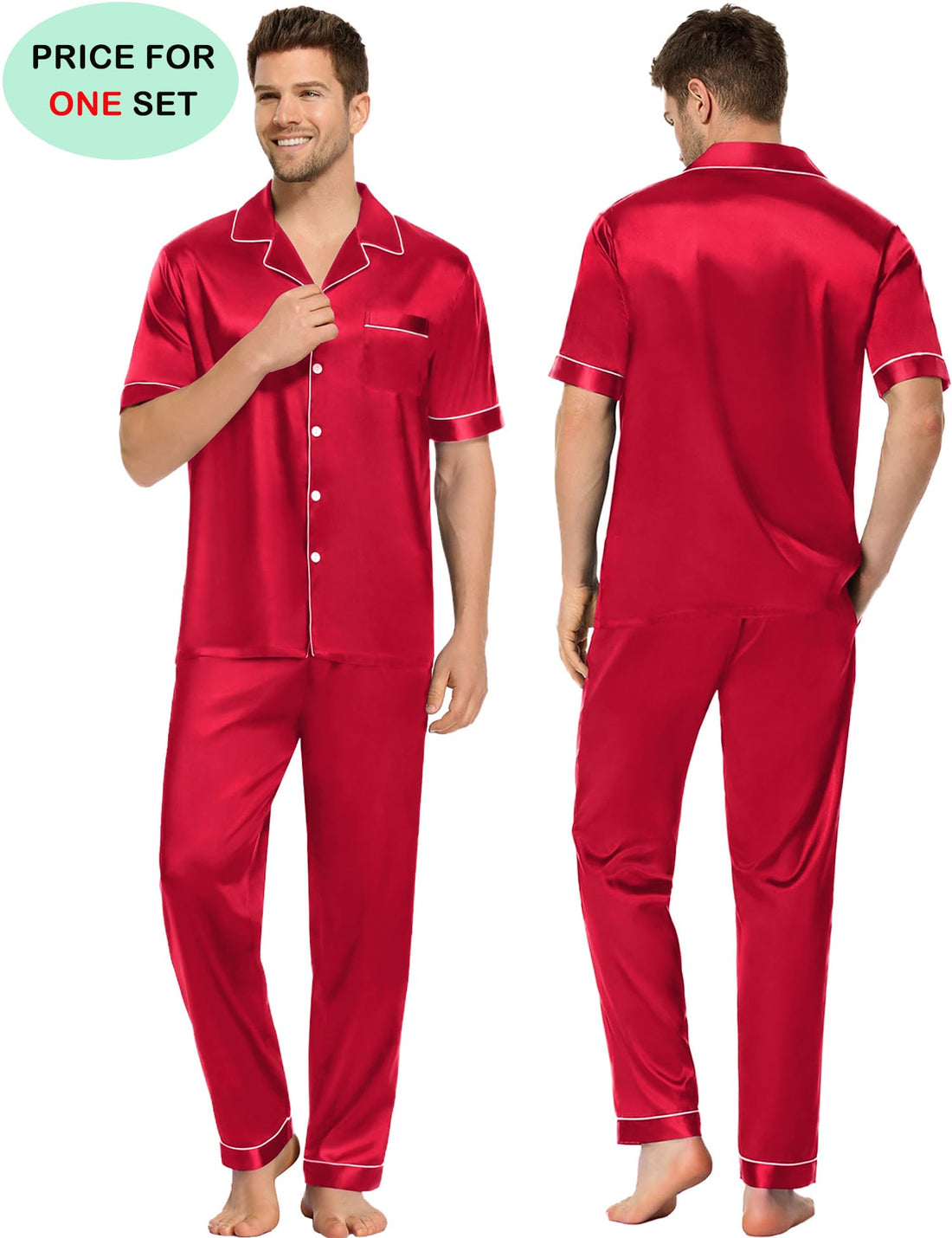 SWOMOG Couples Pajamas Sets Women & Men Satin Short Sleeve Sleepwear Button Down Loungewear Pjs Set with Long Pants