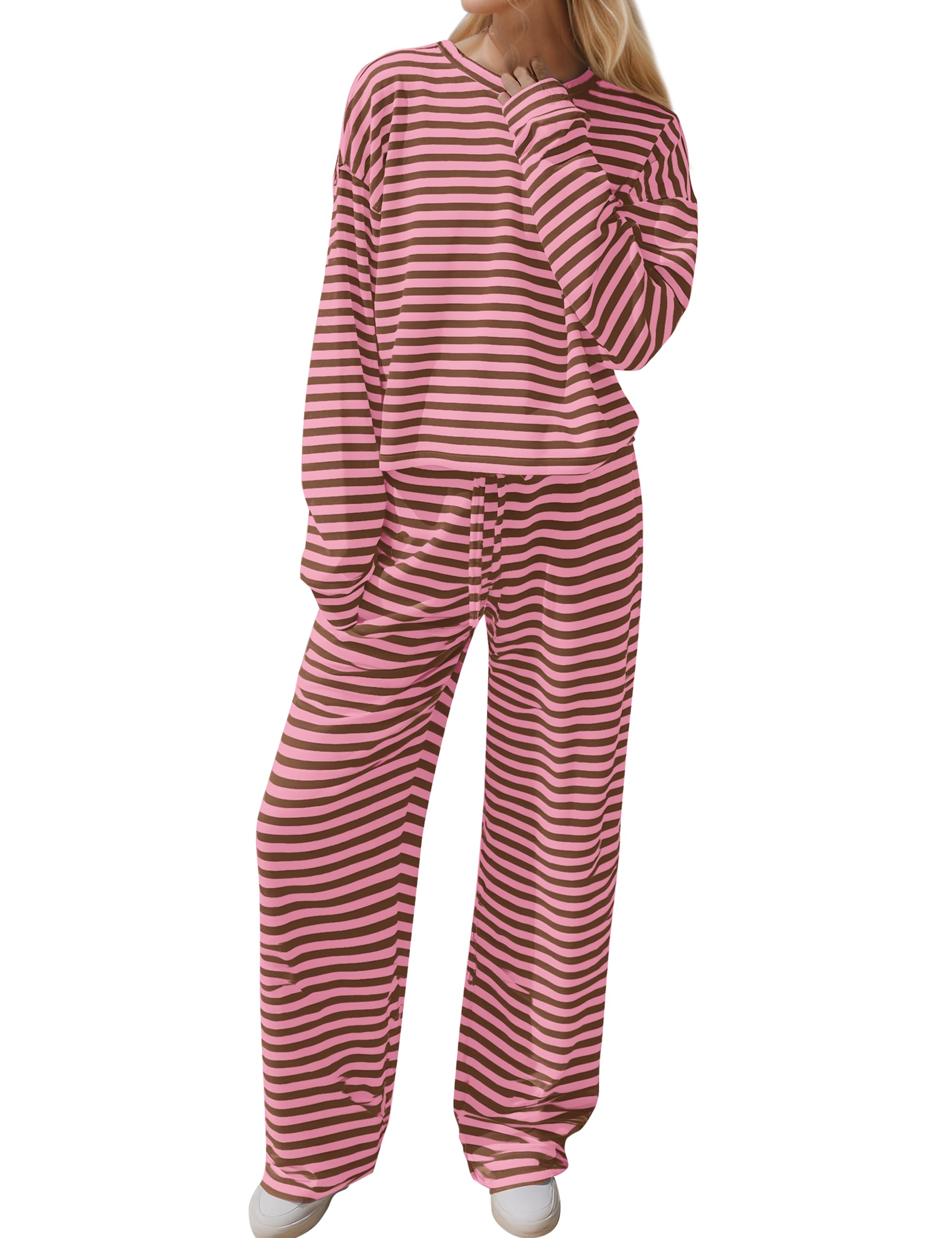 MISSACTIVER Women's Striped 2 Piece Lounge Set Casual Long Sleeve T-Shirt Drawstring Wide Leg Pants Matching Pajamas Set