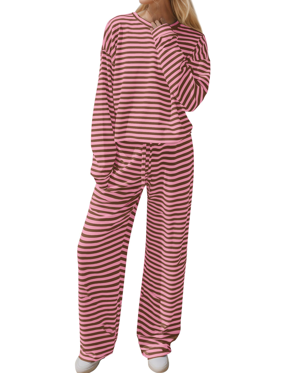 MISSACTIVER Women's Striped 2 Piece Lounge Set Casual Long Sleeve T-Shirt Drawstring Wide Leg Pants Matching Pajamas Set