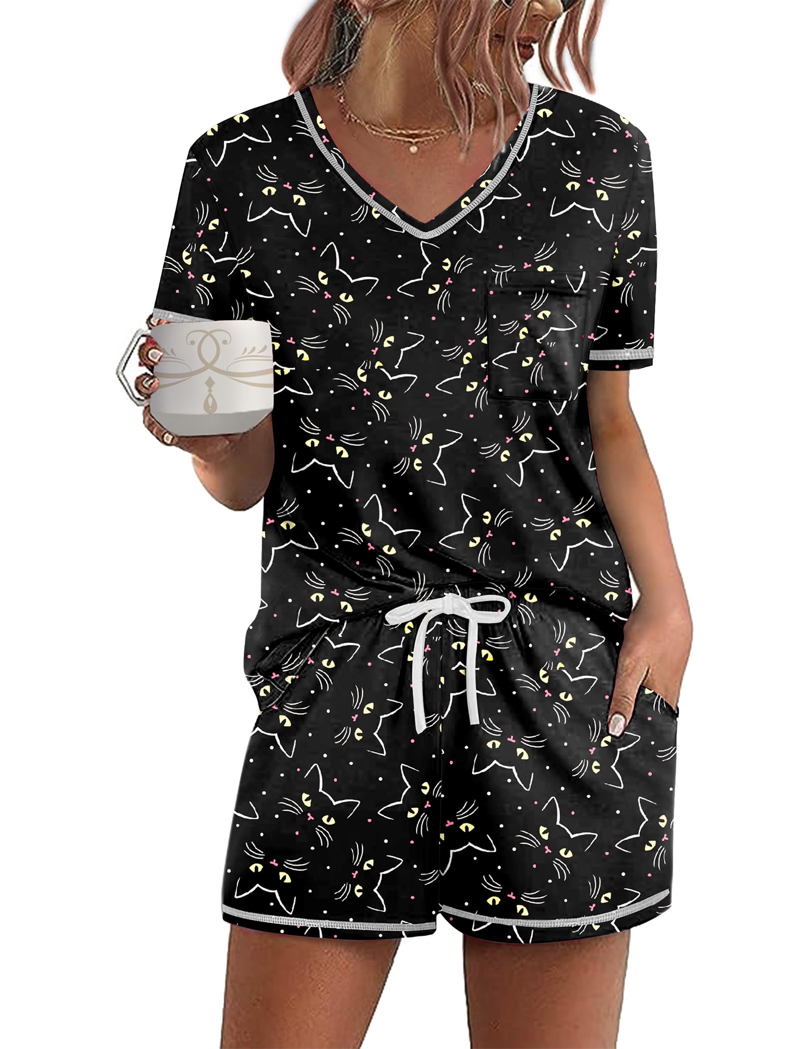 Ekouaer Women's Pajamas Sets Short Sleeve Pjs Two Piece Sleepwear Casual Lounge Sets With Pockets
