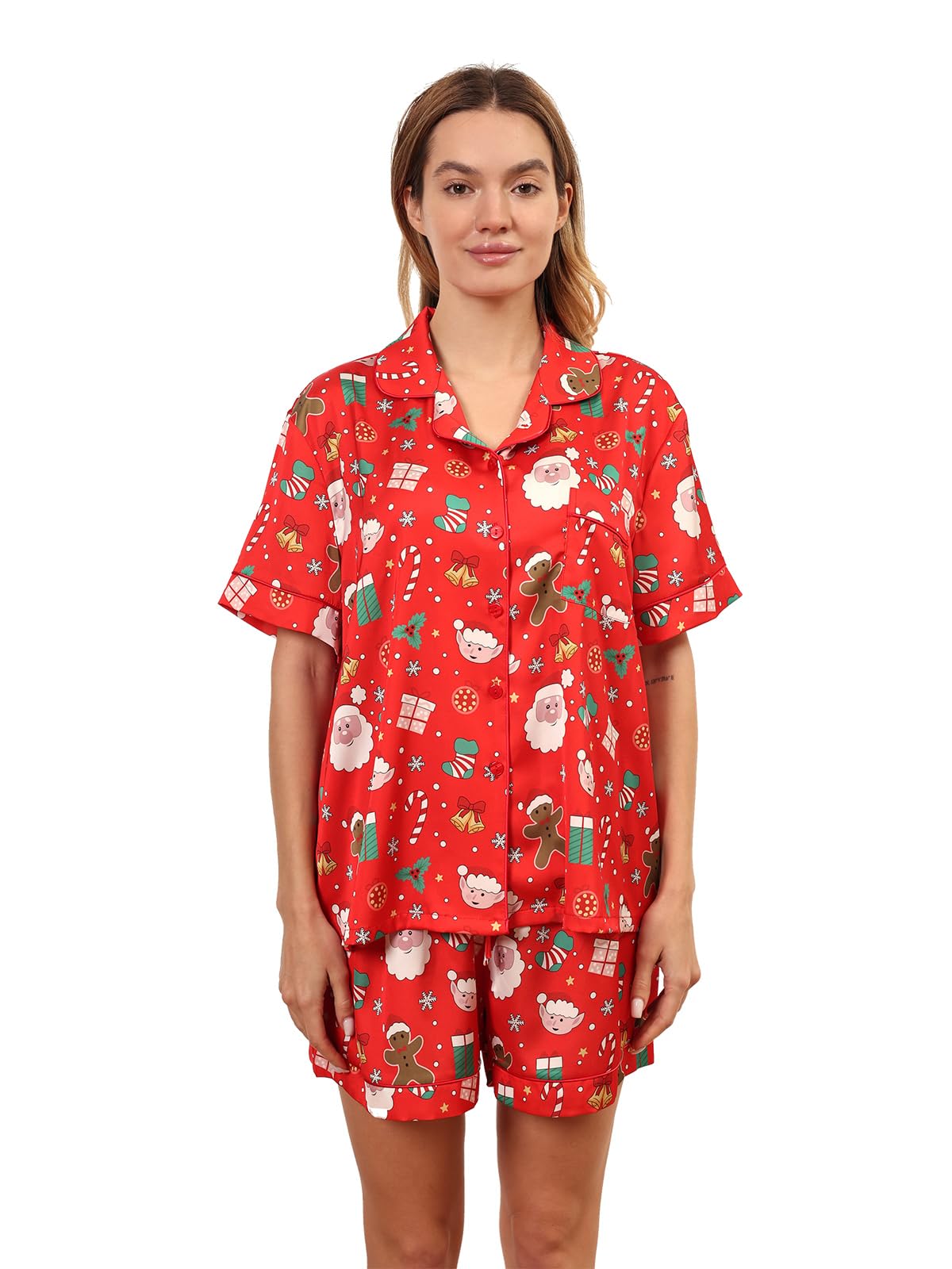 Christmas Pajamas Shorts Silk Pjs Women Satin Pajama Cute Print Tee and Shorts Gift Sleepwear 2 Pieces Loungewear