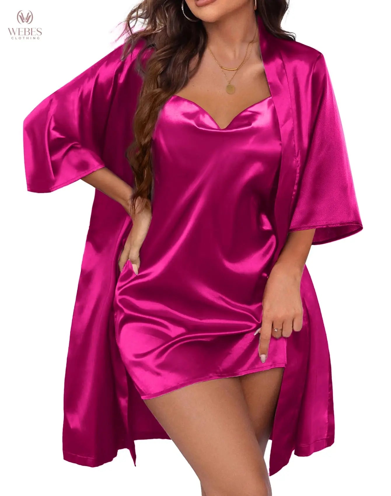 Ekouaer Women's Satin Robe Set Nightgown with Robes Silk Pajama Set 2 Pieces Lingerie Cowl Neck Cami Sleepwear Sets WEBE CLOTHING