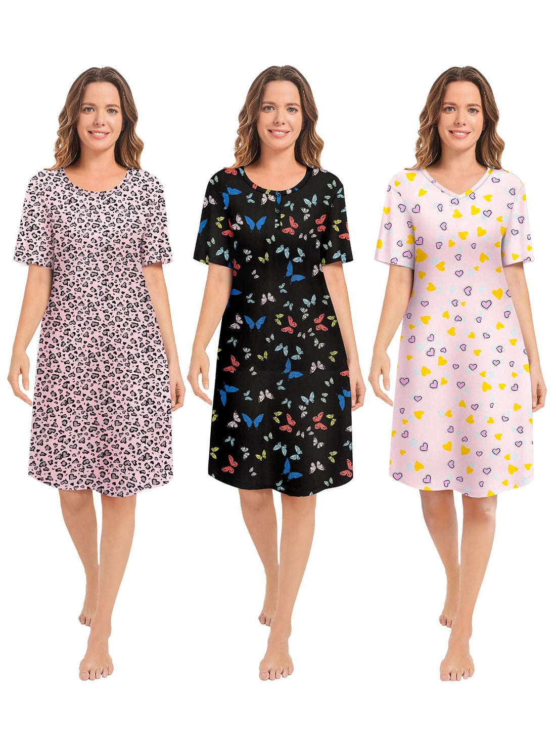 3 Pack Nightgowns for Women Short Sleeve Night Gown Soft Sleep Shirts Women's Sleepwear Print Sleep Dress WEBE CLOTHING