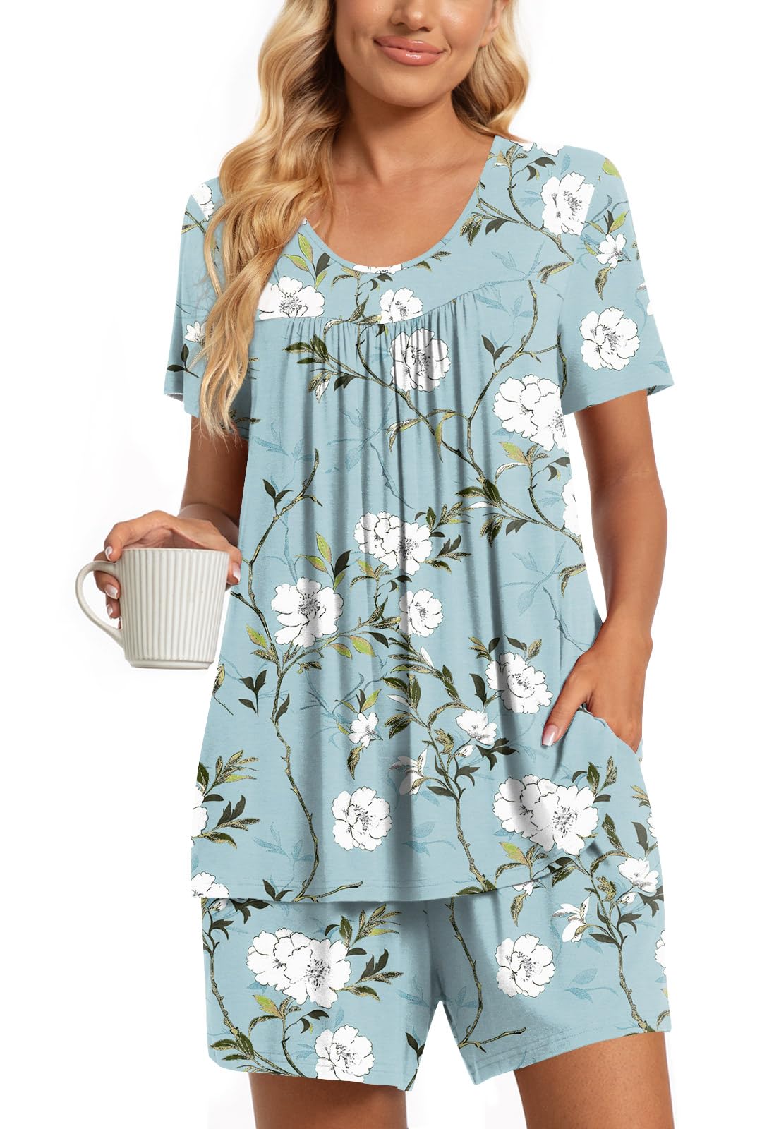 TAOHUADAO 2 Piece Women's Short Sleeve Pajama Sets, Lounge Sleepwear Ladies Pjs Sets with Pockets