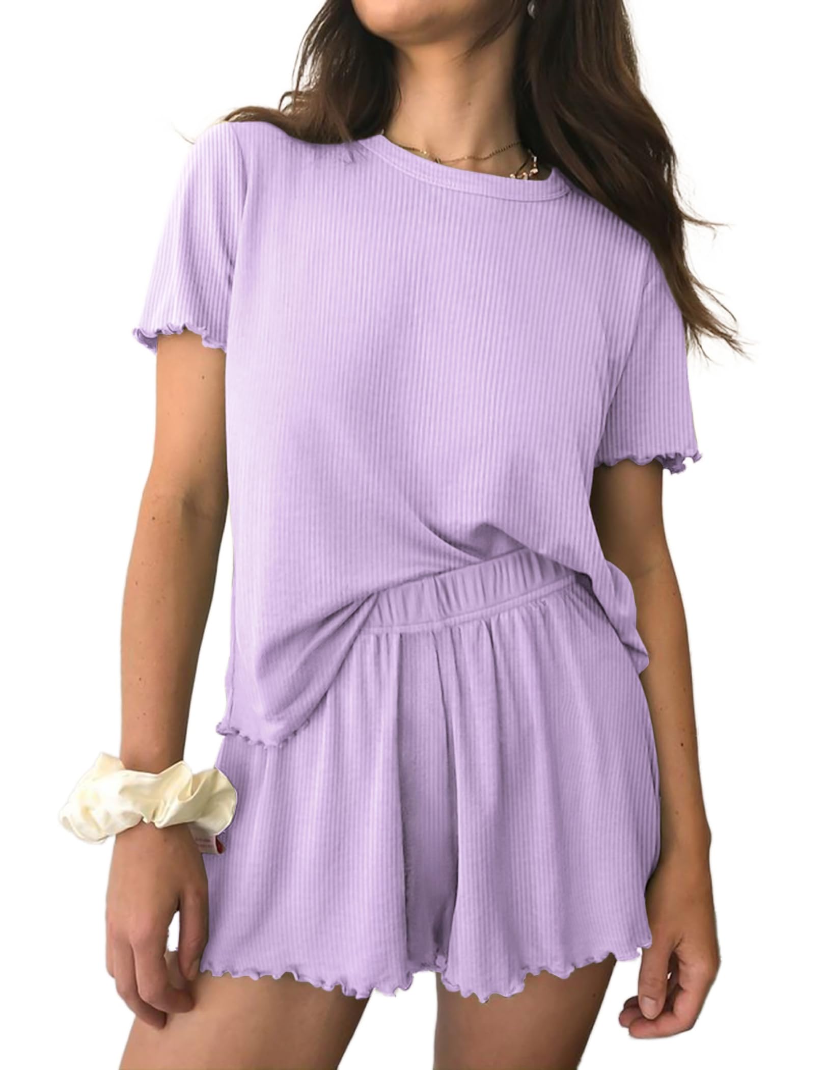 Ekouaer Womens Pajamas 2 Piece Ribbed Knit Pjs Short Sleeve Sleepwear Set Summer Soft Pajamas Set Casual Lounge Sets