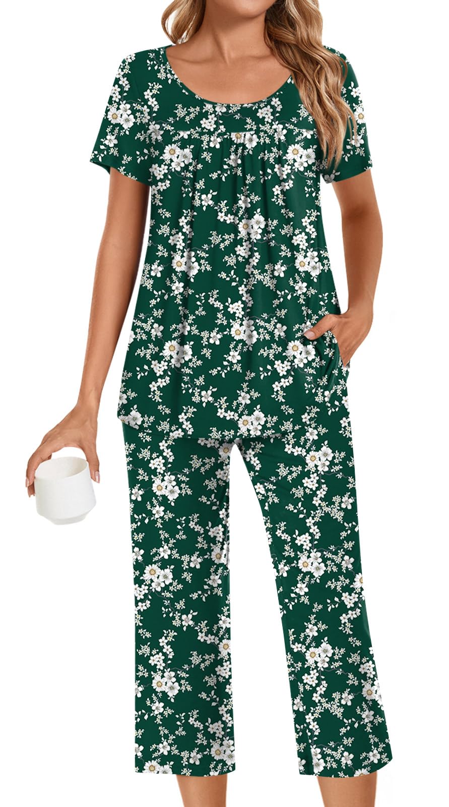 POPYOUNG Womens Pajama Sets Summer Ladies Pjs 2 Piece Loungewear Capri with Pockets Sleepwear
