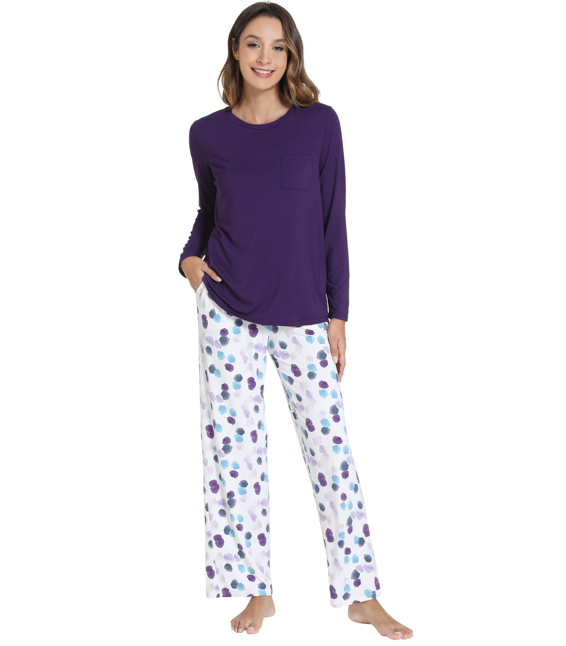 WiWi Bamboo Viscose Pajama Set for Women Super Soft Long Sleeve Top with Pants Loungewear Cooling 2 Piece Pjs Sets S-XXL