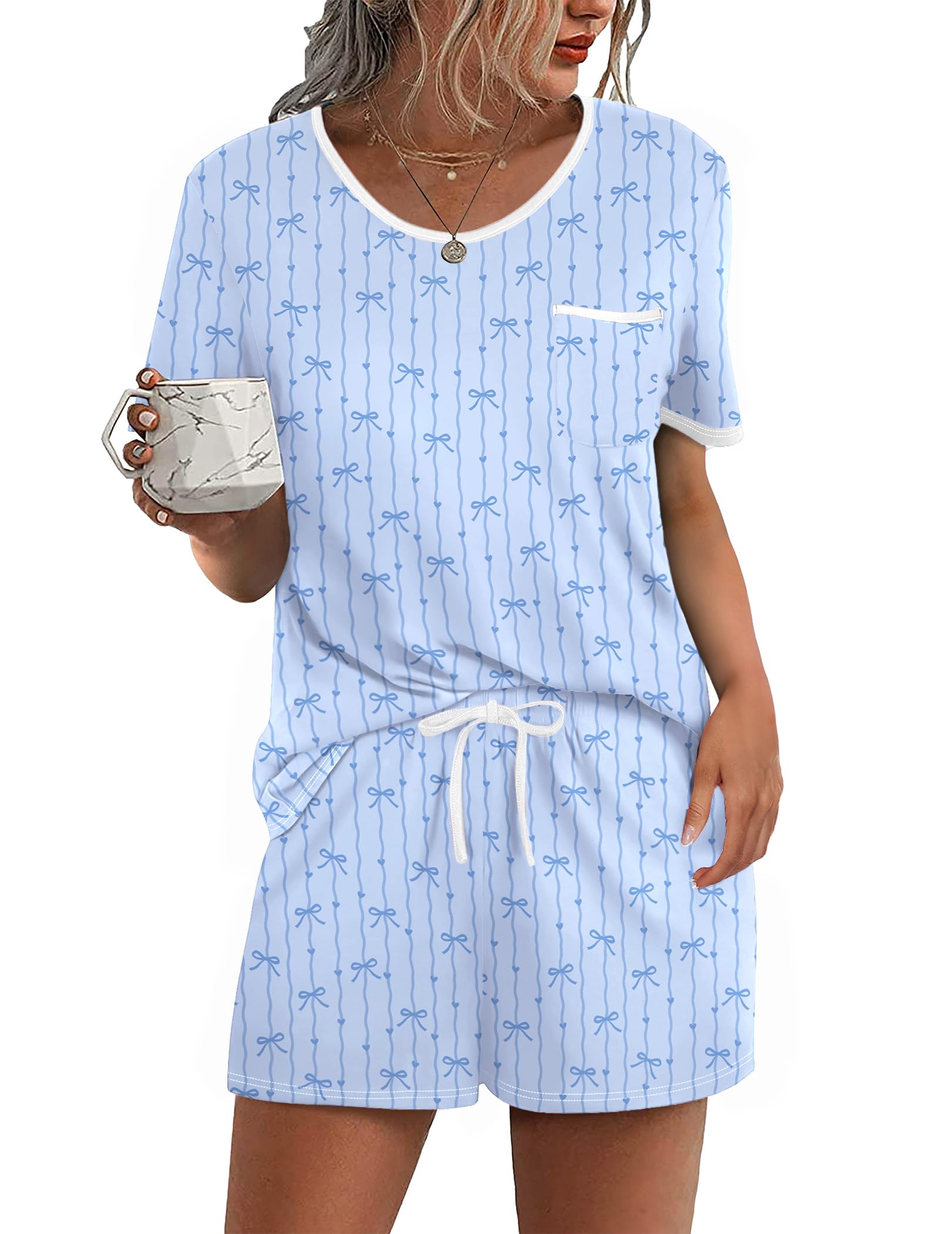 Ekouaer Pajama Set for Women 2 Piece Lounge Set Short Sleeve Tops and Shorts Soft Sleepwear, Chest Pocket