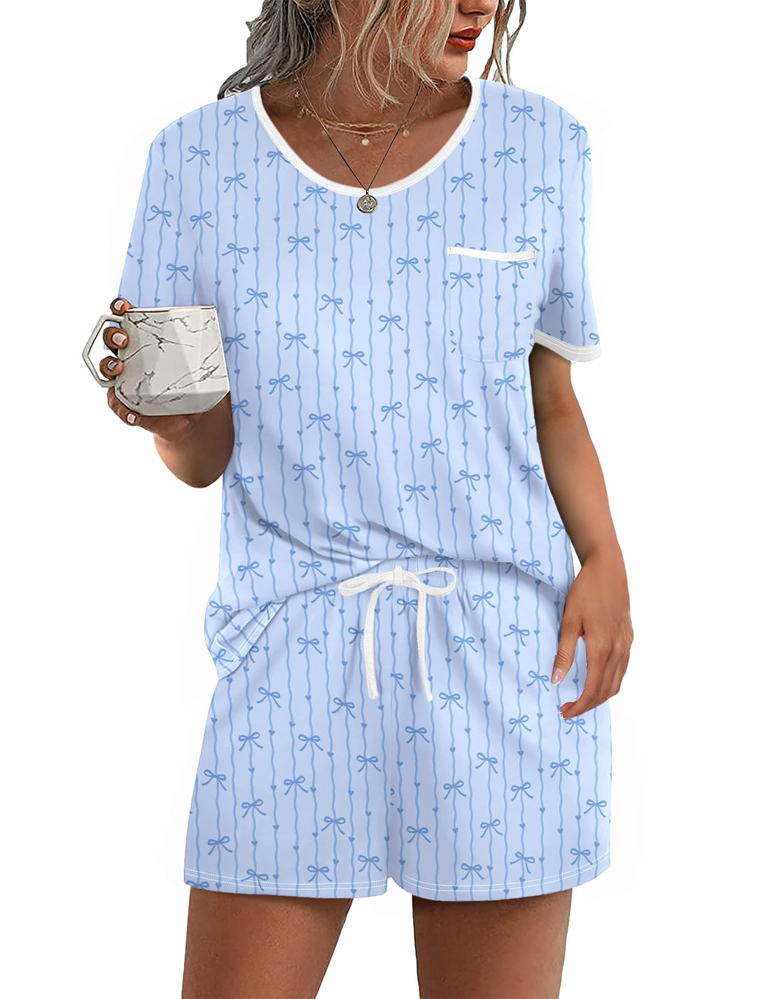 Ekouaer Pajama Set for Women 2 Piece Lounge Set Short Sleeve Tops and Shorts Soft Sleepwear, Chest Pocket