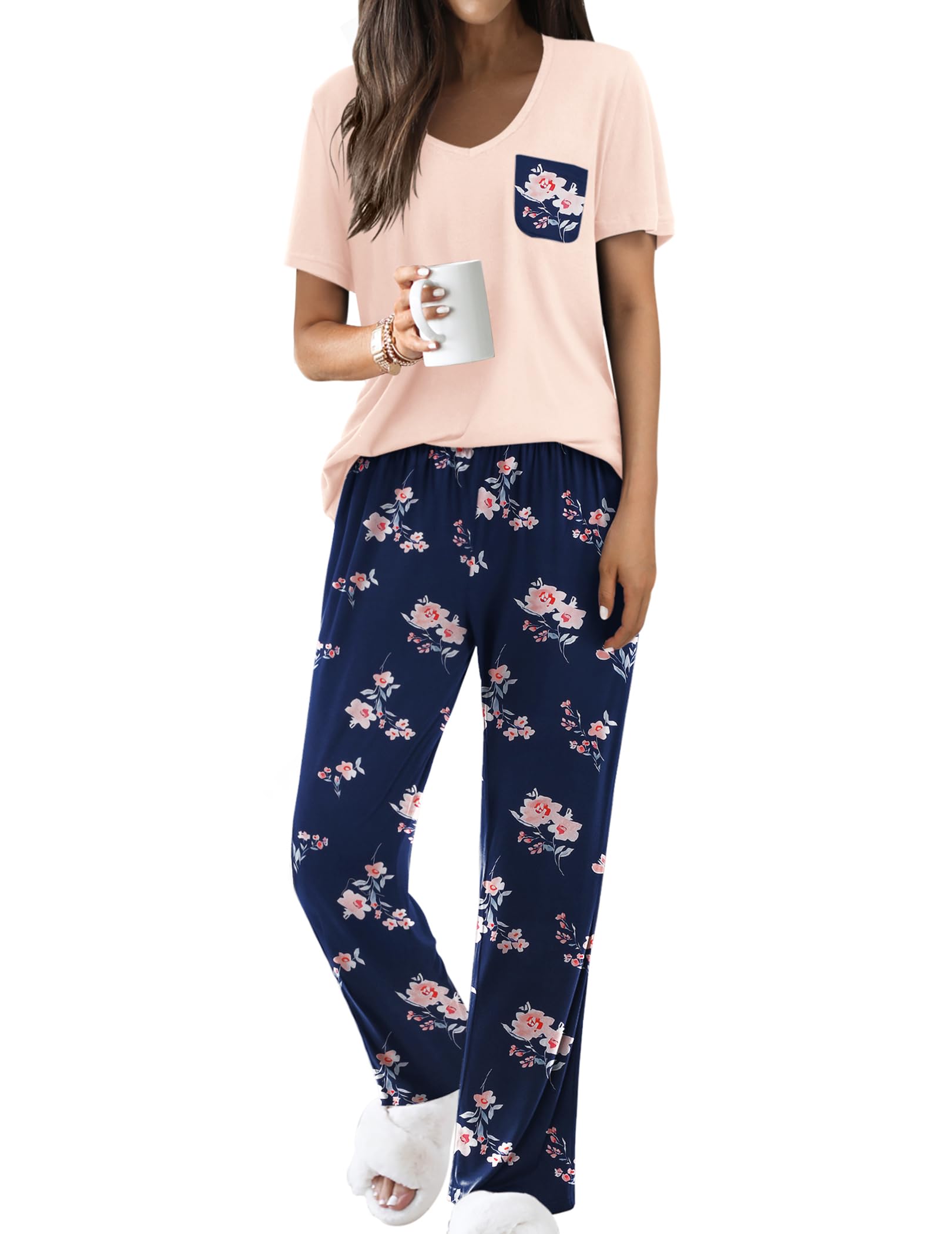 Ekouaer Pajama Sets for Women Short Sleeve Pj Set V Neck Sleepwear Chest Pocket with Long Pants Casual Loose Loungewear WEBE CLOTHING