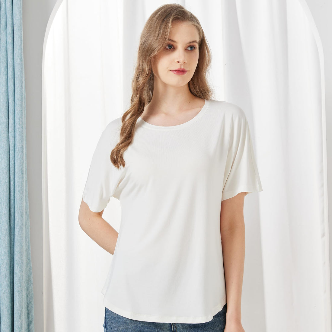 netdraw Women's Ultra Soft Bamboo Viscose Dolman Top Loose Fit Trendy Casual Lounge Short Sleeve Pajama Batwing T-Shirt