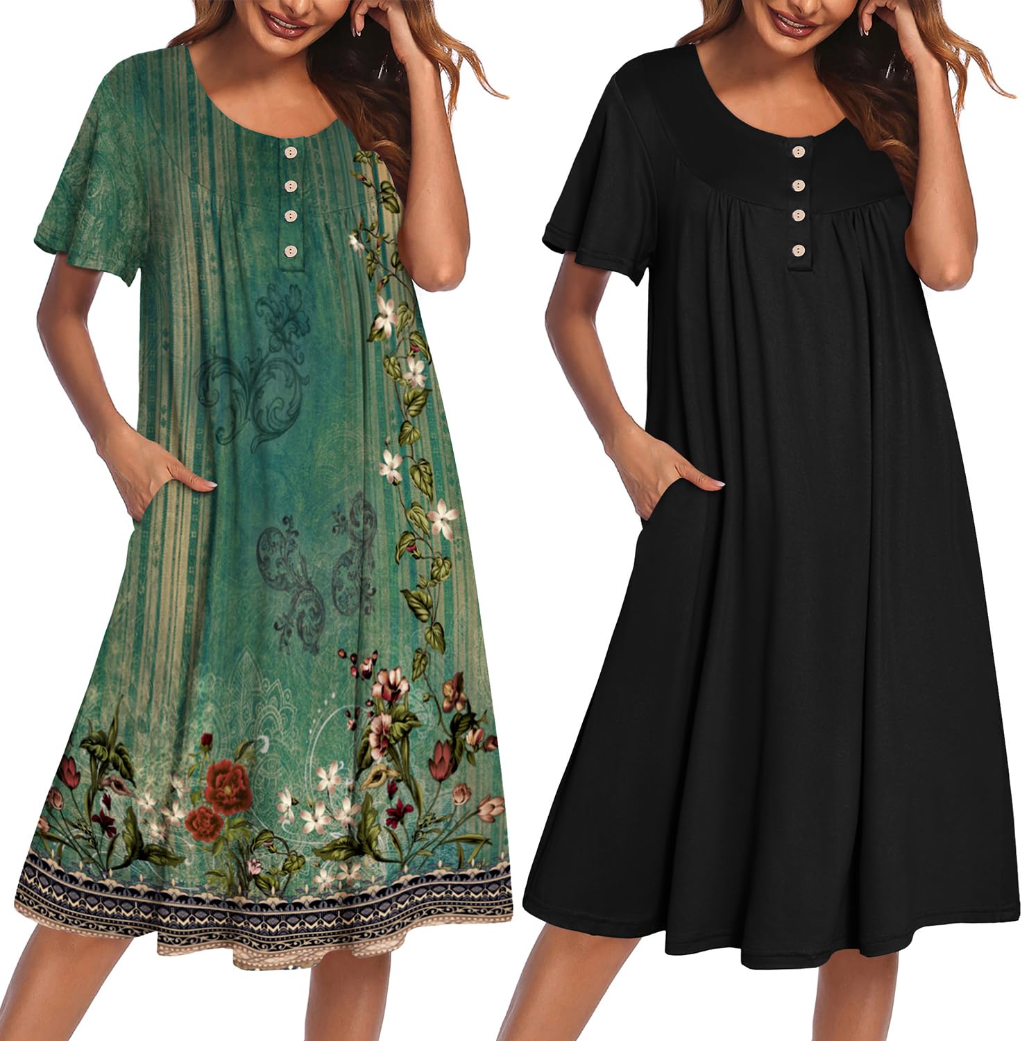Ekouaer 2 Pack House Dresses for Women with Pockets Short Sleeve Moo Moos | Ruffle Sleeve Mumu Dress, Soft Button Front Nightgown, Two Side Pockets, Comfy Sleepwear, Perfect for Your Mom, Grandma, Gift WEBE CLOTHING