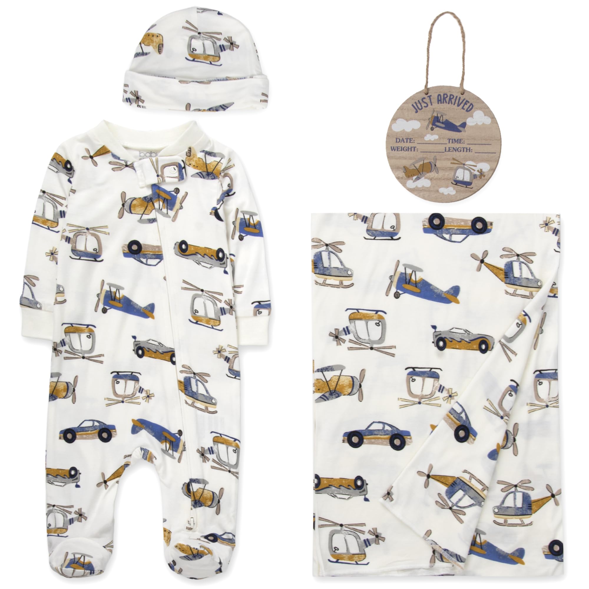Newborn Baby 4 Piece Coming Home Outfit Gift Set – Footie Sleeper, Blanket, Headband & Ornament for Boys & Girls