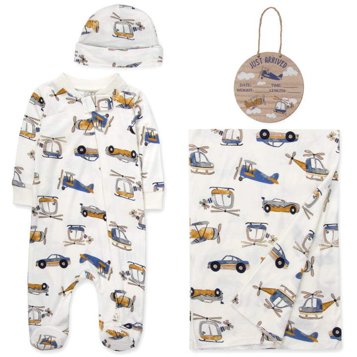 Newborn Baby 4 Piece Coming Home Outfit Gift Set – Footie Sleeper, Blanket, Headband & Ornament for Boys & Girls