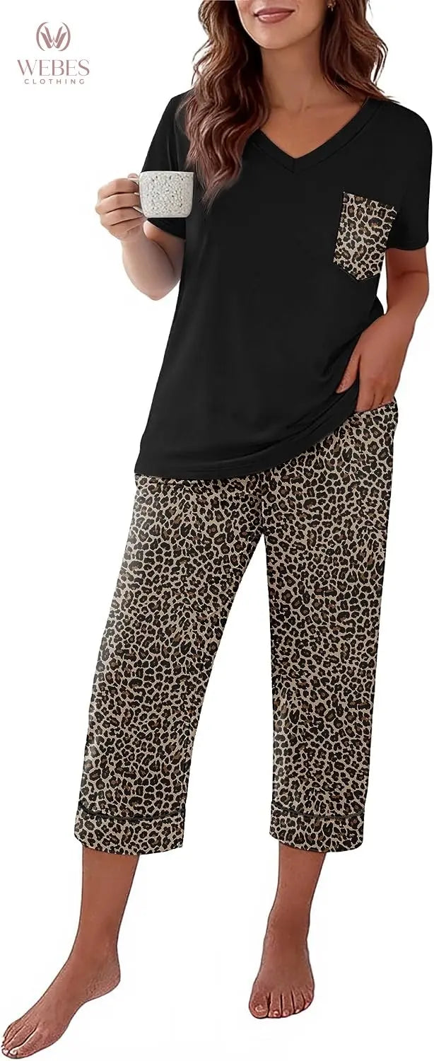Ekouaer Cotton Pajamas for Women Set Short Sleeve Top and Capri Pants | 2 Pieces Lounge Set with Pockets V Neck Comfy Soft Sleepwear for Mom, Wife, Grandmother WEBE CLOTHING