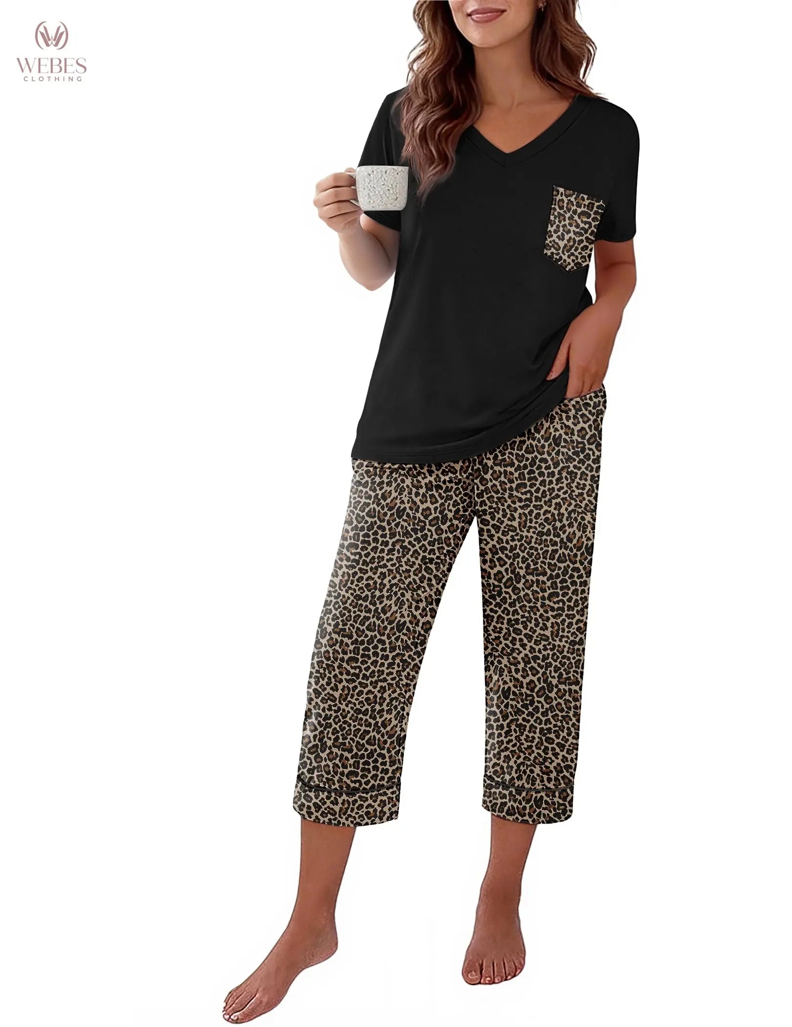 Ekouaer Cotton Pajamas for Women Set Short Sleeve Top and Capri Pants | 2 Pieces Lounge Set with Pockets V Neck Comfy Soft Sleepwear for Mom, Wife, Grandmother WEBE CLOTHING
