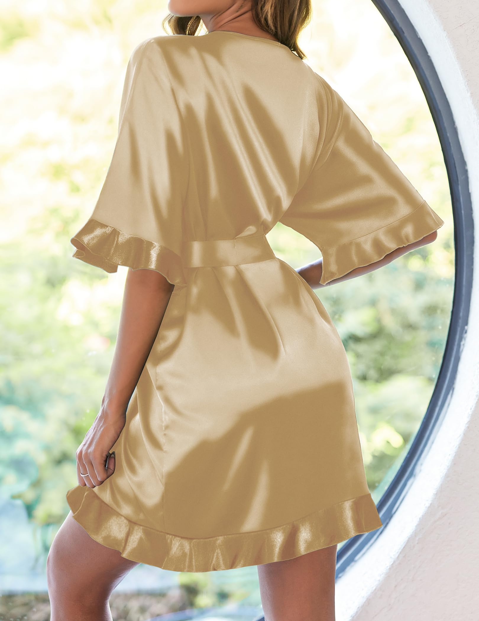 Ekouaer Womens Silk Robe Short Satin Kimono Bathrobe Bridesmaid Sleepwear | Half Sleeve, Ruffle, Comfy, Wedding Party Dressing Gown, Tabove-knee-length WEBE CLOTHING