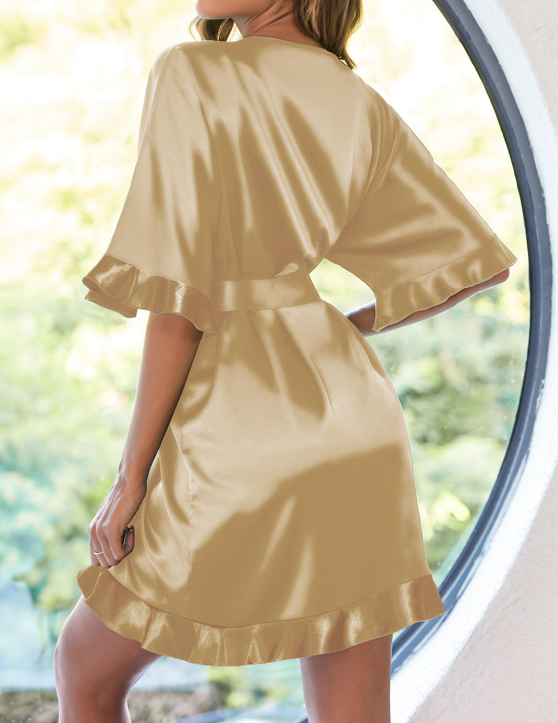Ekouaer Womens Silk Robe Short Satin Kimono Bathrobe Bridesmaid Sleepwear | Half Sleeve, Ruffle, Comfy, Wedding Party Dressing Gown, Tabove-knee-length WEBE CLOTHING