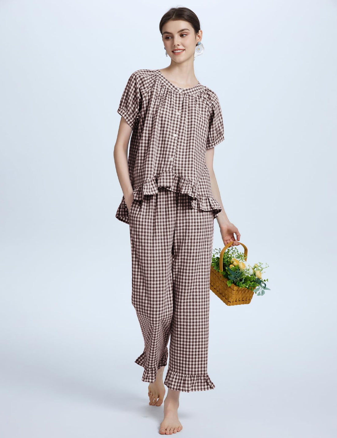 Flygo Womens Plaid 2 Piece Pajamas Sets Gingham Button Down Puff Sleeve Babydoll Shirt Ruffle Pants Y2K Pjs Lounge Set WEBE CLOTHING