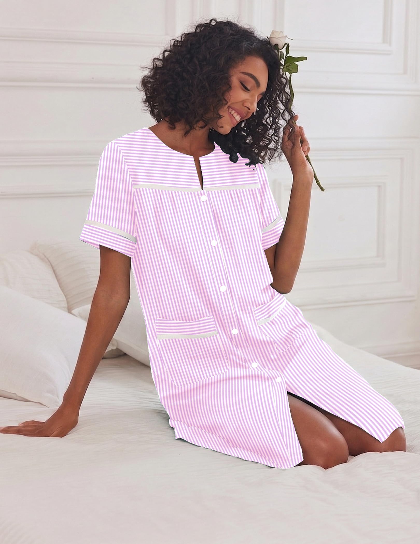 Ekouaer House Dress for Women with Pockets Duster Button Down Nightgown | Nightgowns for Women, Button Dwon House Dress with Pockets, Short Sleeve Duster Housecoat, Moo Moos for Elderly, Mumu Dress WEBE CLOTHING