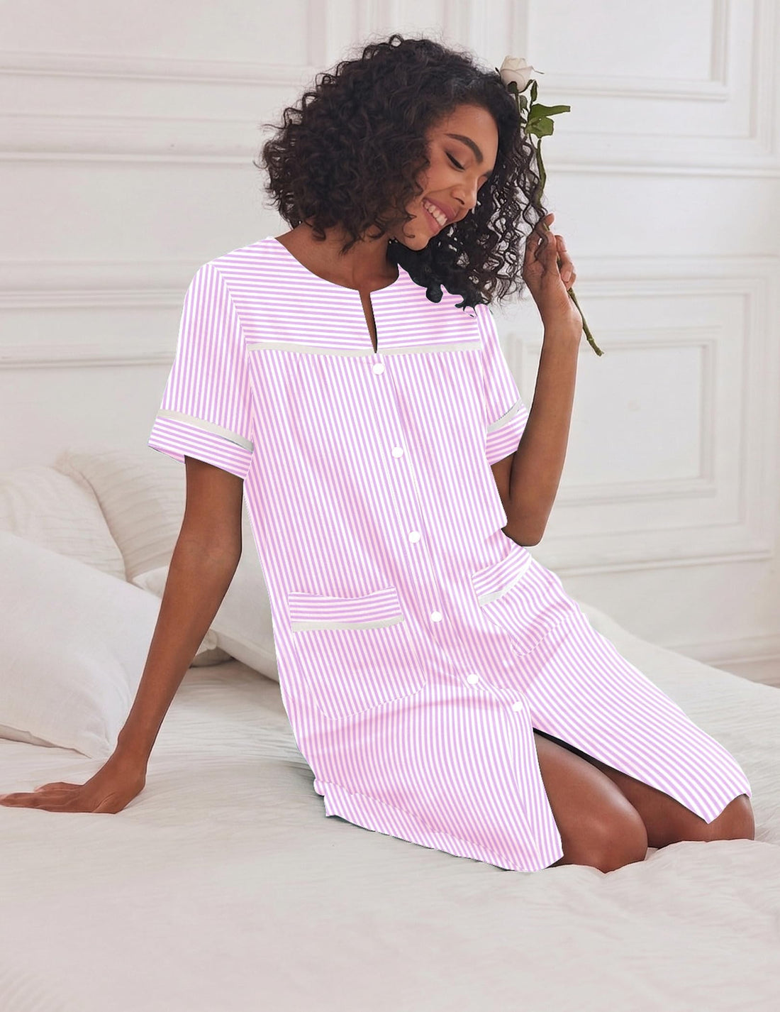 Ekouaer House Dress for Women with Pockets Duster Button Down Nightgown | Nightgowns for Women, Button Dwon House Dress with Pockets, Short Sleeve Duster Housecoat, Moo Moos for Elderly, Mumu Dress WEBE CLOTHING