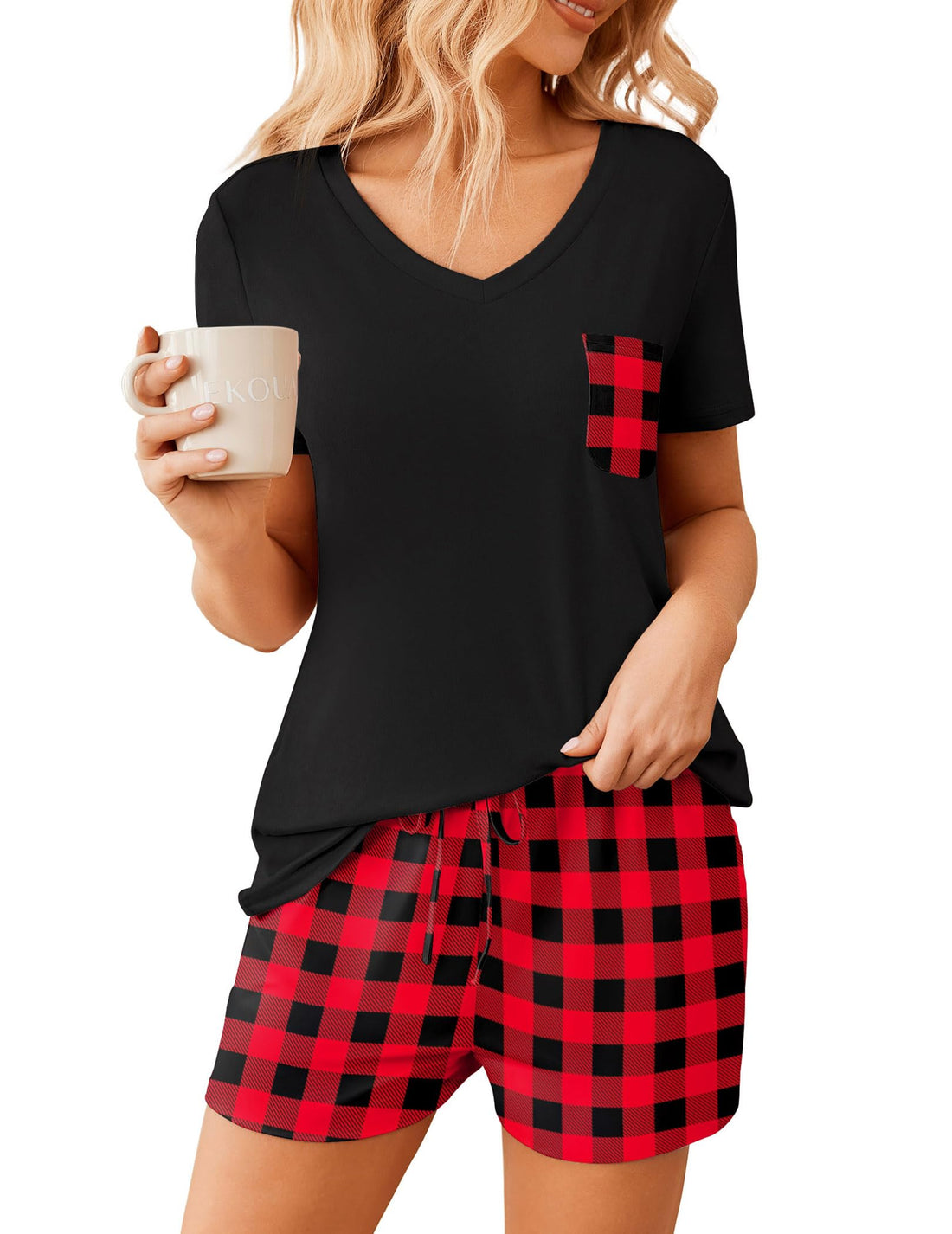Ekouaer Womens Pajama Sets Short Sleeve Pajamas for Women Sets Soft Lounge Sets Casual V Neck Sleepwear PJS