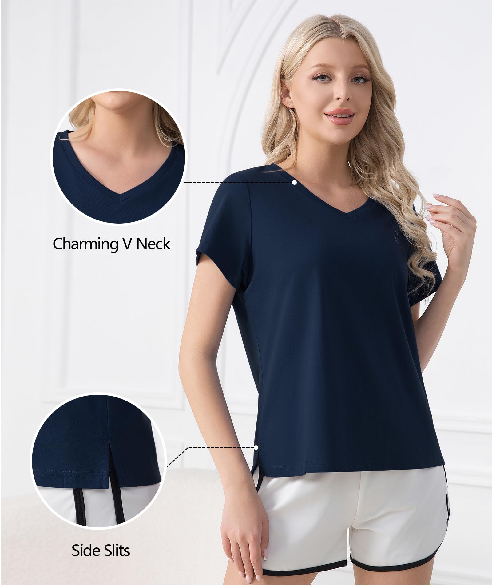 ENJOYNIGHT 2 Pack Womens Pajama Tops Cotton T-Shirt V-Neck Soft Sleep Pj Shirt Short Sleeves