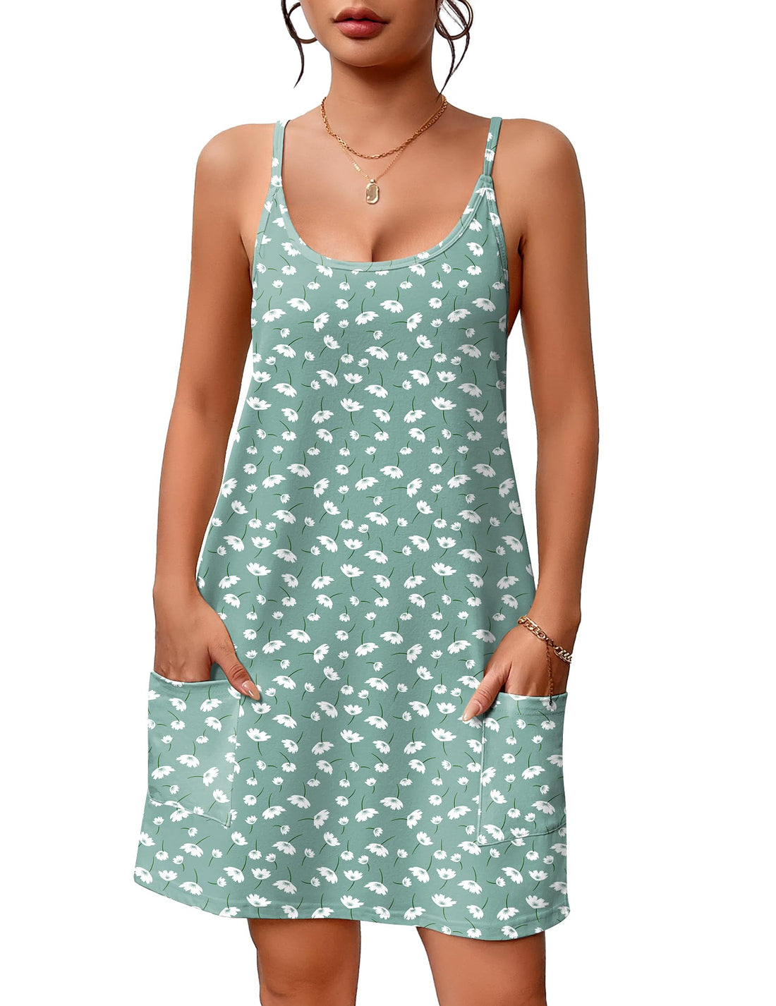Ekouaer Nightgowns for Women Cotton Sleepwear Sexy Sleep Shirt Adjustable Spaghetti Strap Night Gowns with Pockets S-3XL WEBE CLOTHING