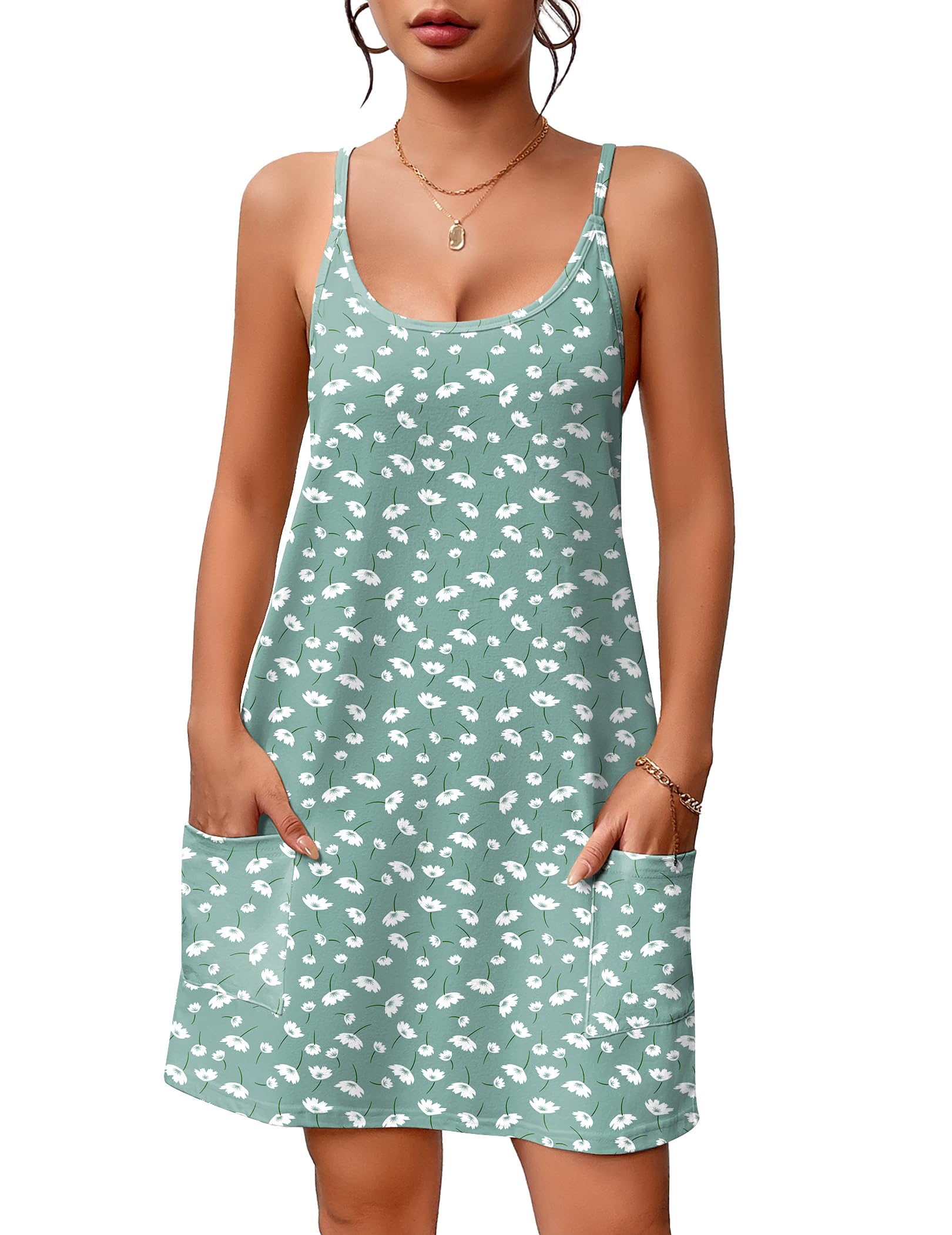 Ekouaer Nightgowns for Women Cotton Sleepwear Sexy Sleep Shirt Adjustable Spaghetti Strap Night Gowns with Pockets S-3XL WEBE CLOTHING