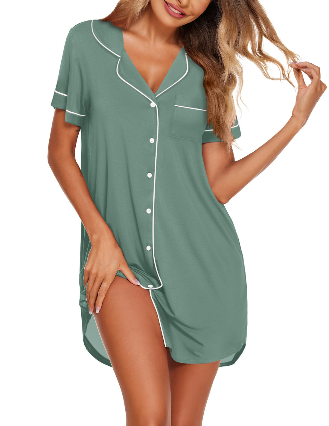 Ekouaer Nightgowns for Women Button Down Sleepshirt Short Sleeve Nightshirt Boyfriend Pajamas V Neck Nightdress S-XXXL
