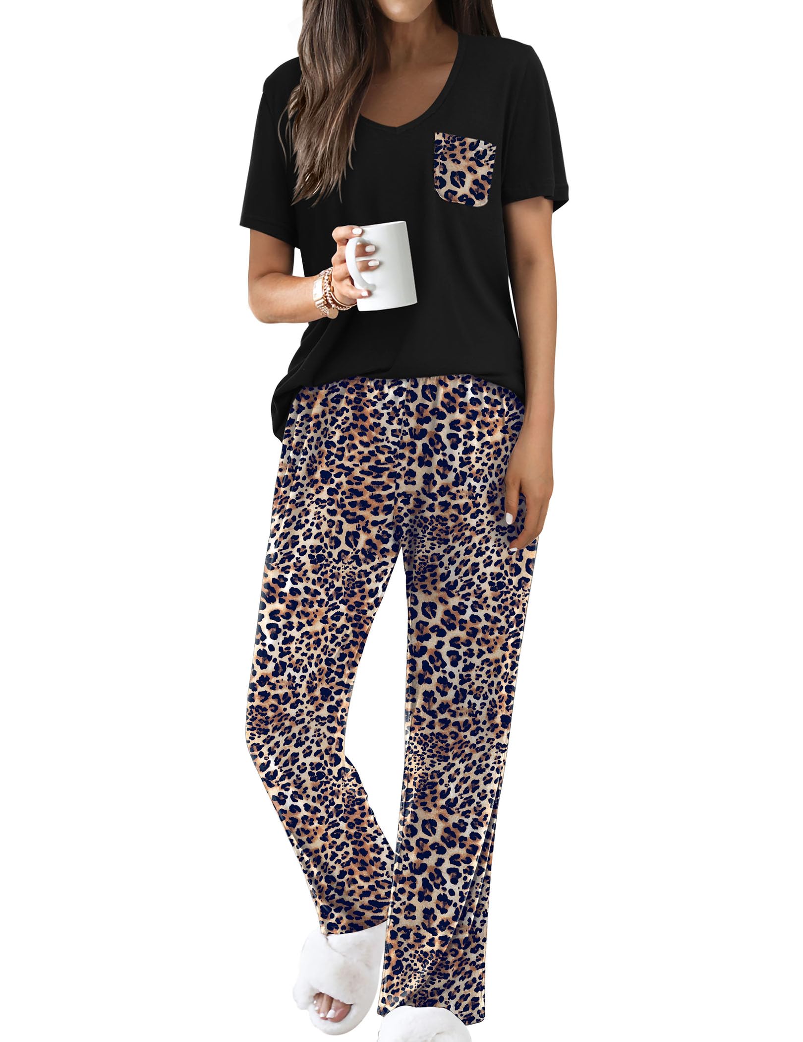Ekouaer Pajama Sets for Women Short Sleeve Pj Set V Neck Sleepwear Chest Pocket with Long Pants Casual Loose Loungewear WEBE CLOTHING