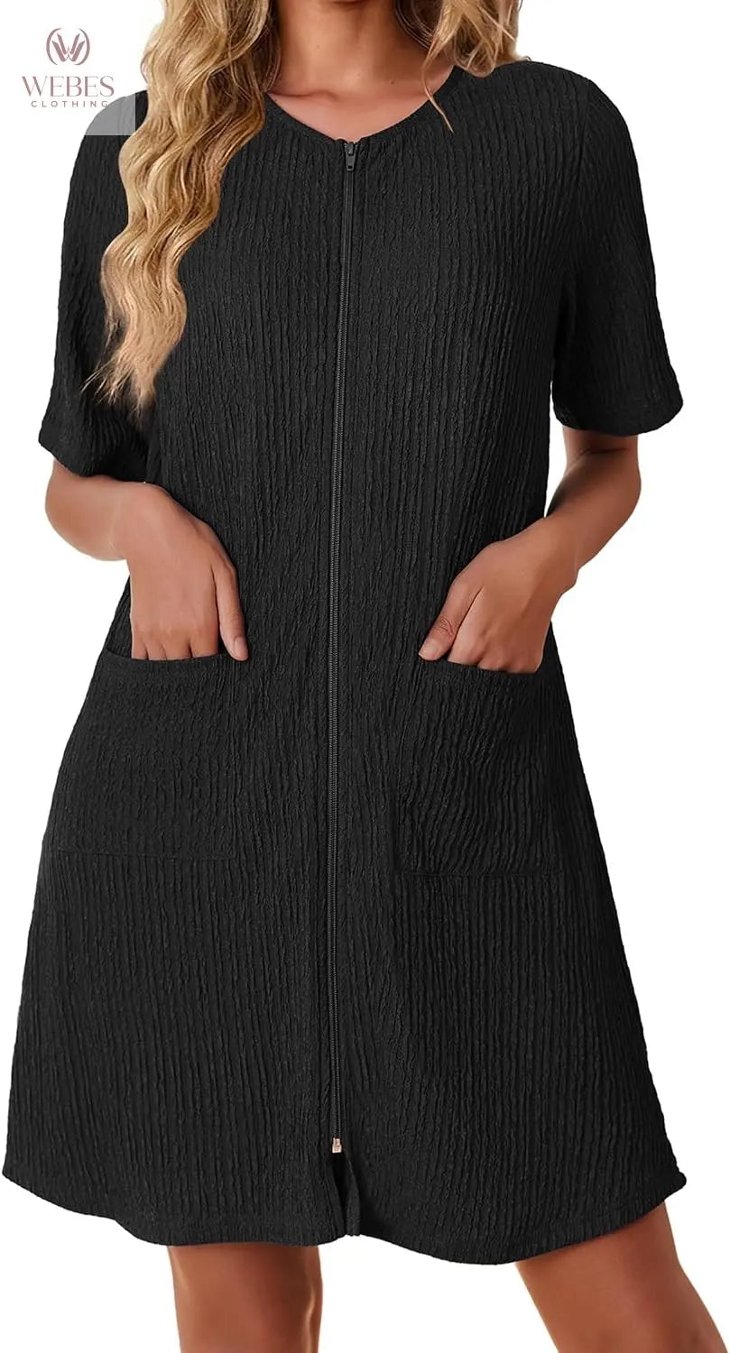 Ekouaer Women Zipper Robes Knit Short Bathrobe Lightweight House Coat with Pockets Soft Nightgown S-XXL WEBE CLOTHING