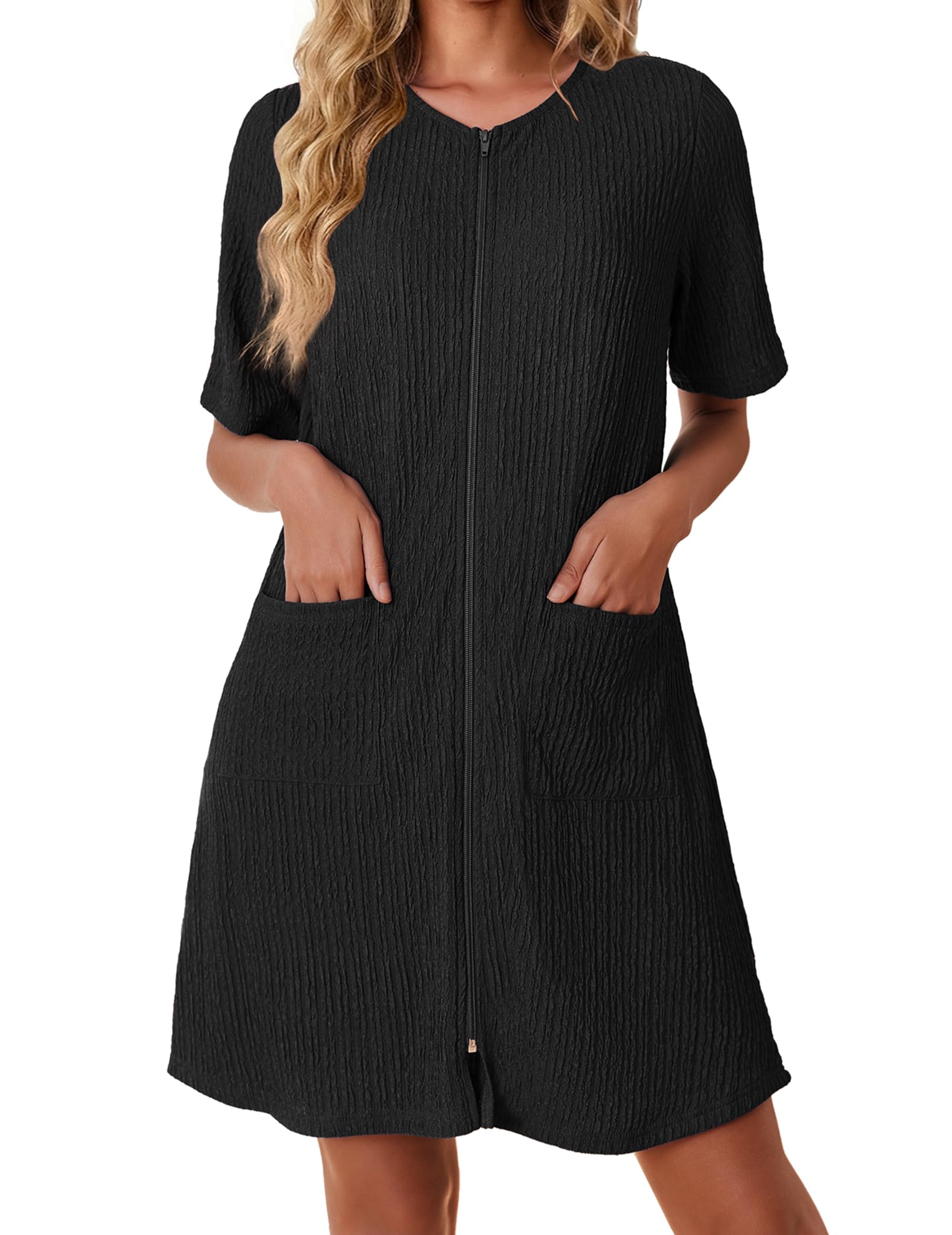 Ekouaer Women Zipper Robes Knit Short Bathrobe Lightweight House Coat with Pockets Soft Nightgown S-XXL WEBE CLOTHING