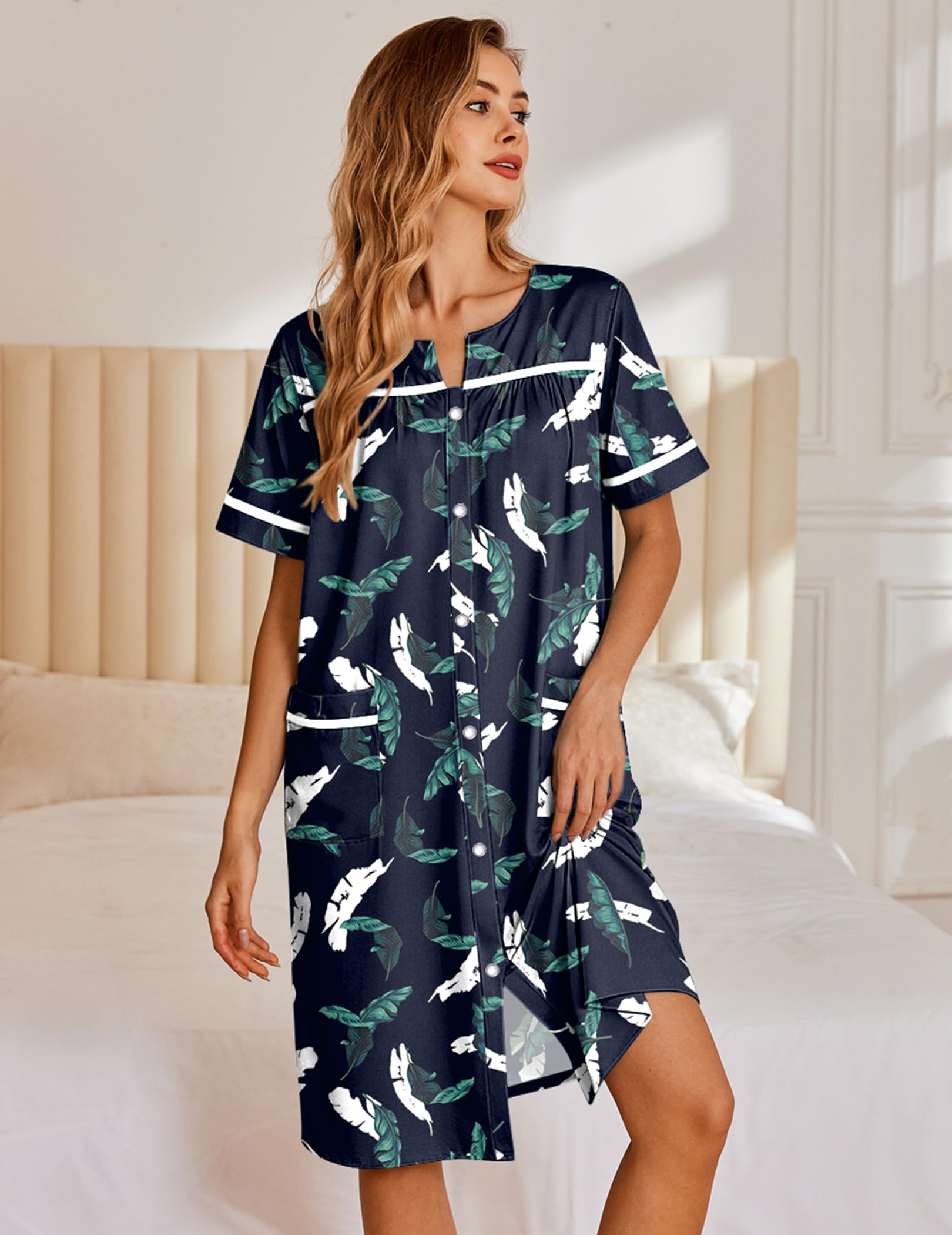 Ekouaer Nightgowns for Women House Dress with Pockets Snap Front House Coat | Duster Mumu Dress, Short Sleeve Moo Moos, Plus Size Sleepwear, Casual Lounge Dress, Labor Delivery Gown, Daily Wear, Home