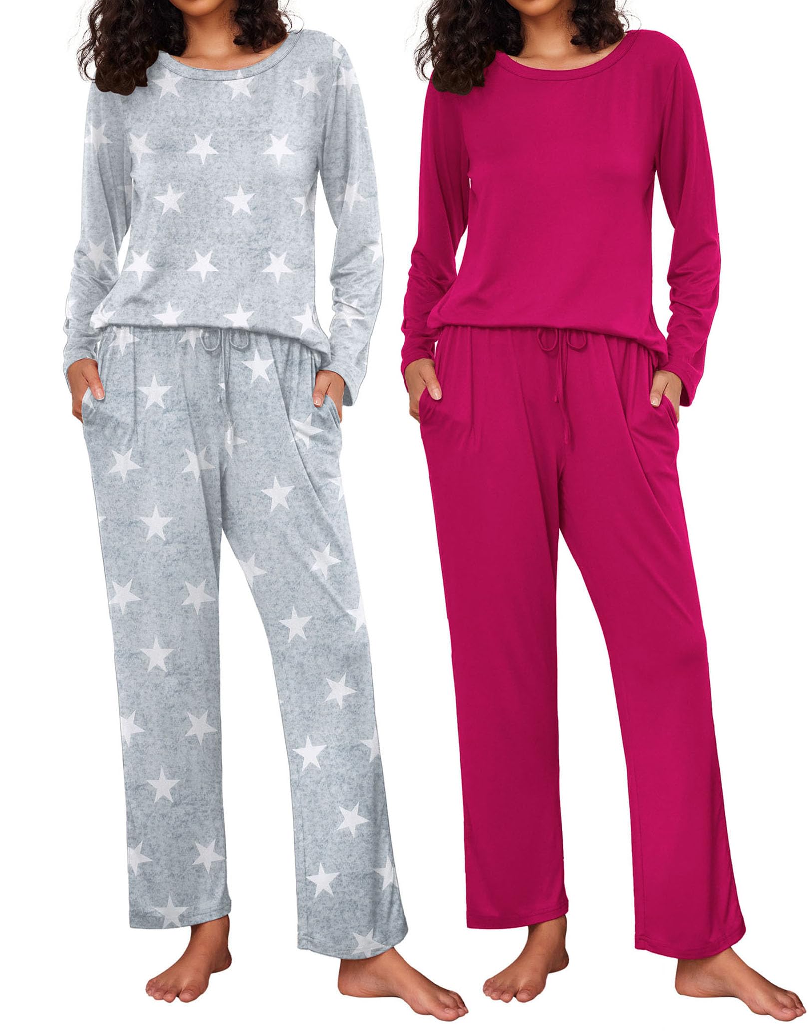 Ekouaer 2 Pack Womens Pajama Sets Long Sleeve Pjs Lounge Set Soft Comfy Sleepwear Winter Loungewear