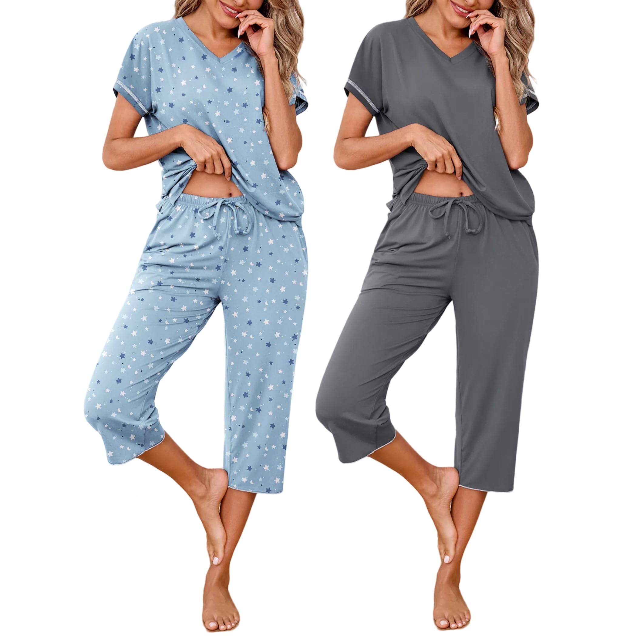 Marvmys Womens 2 Pack Pajama Sets Short Sleeve Sleepwear Capri Pants Pjs | Pockets, Lightweight, Cooling Pyjamas, Nightwear Comfy for Daily Wear, Pajams sets, Sleep, Travel, Wife, Mom WEBE CLOTHING