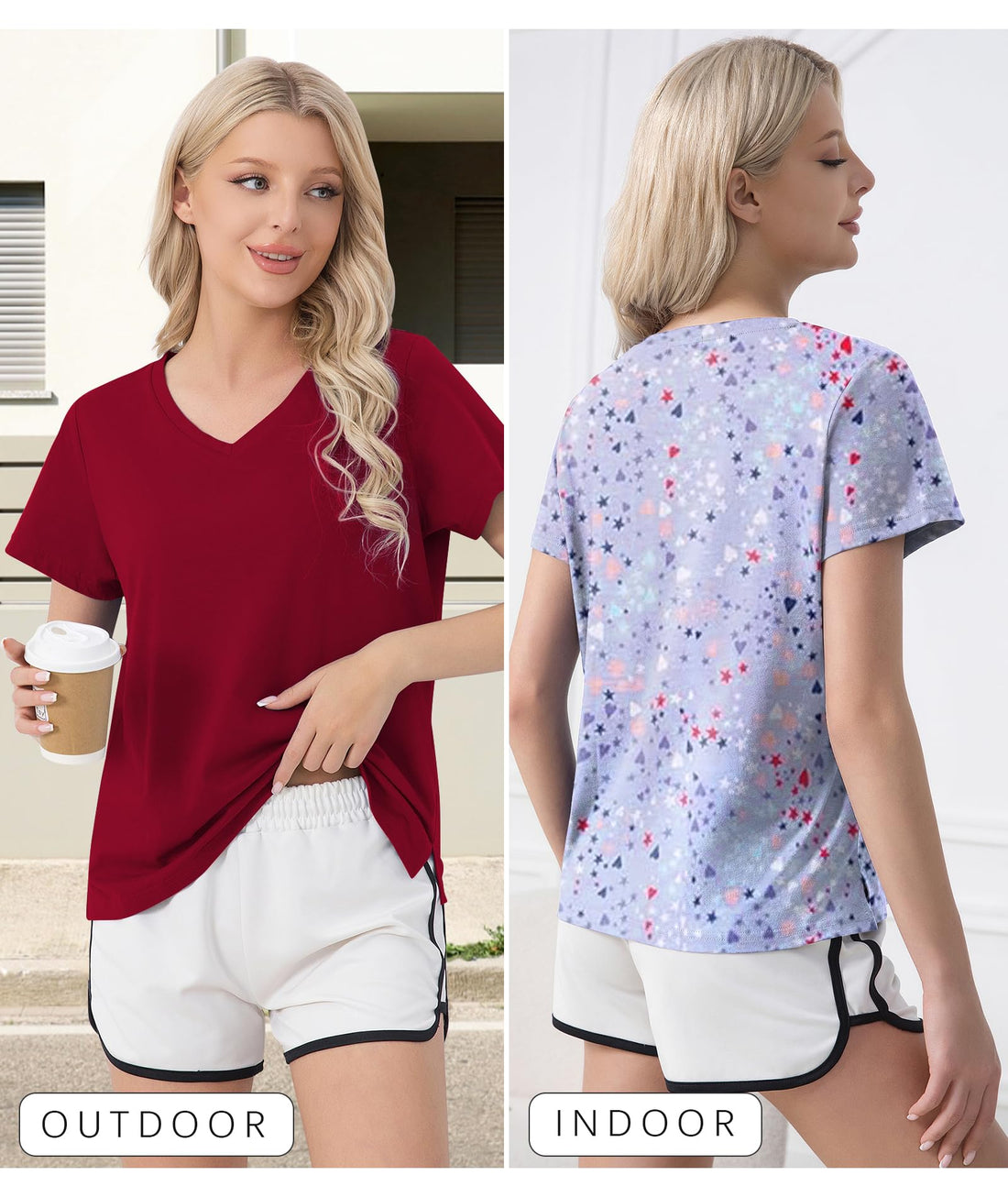 ENJOYNIGHT 2 Pack Womens Pajama Tops Cotton T-Shirt V-Neck Soft Sleep Pj Shirt Short Sleeves