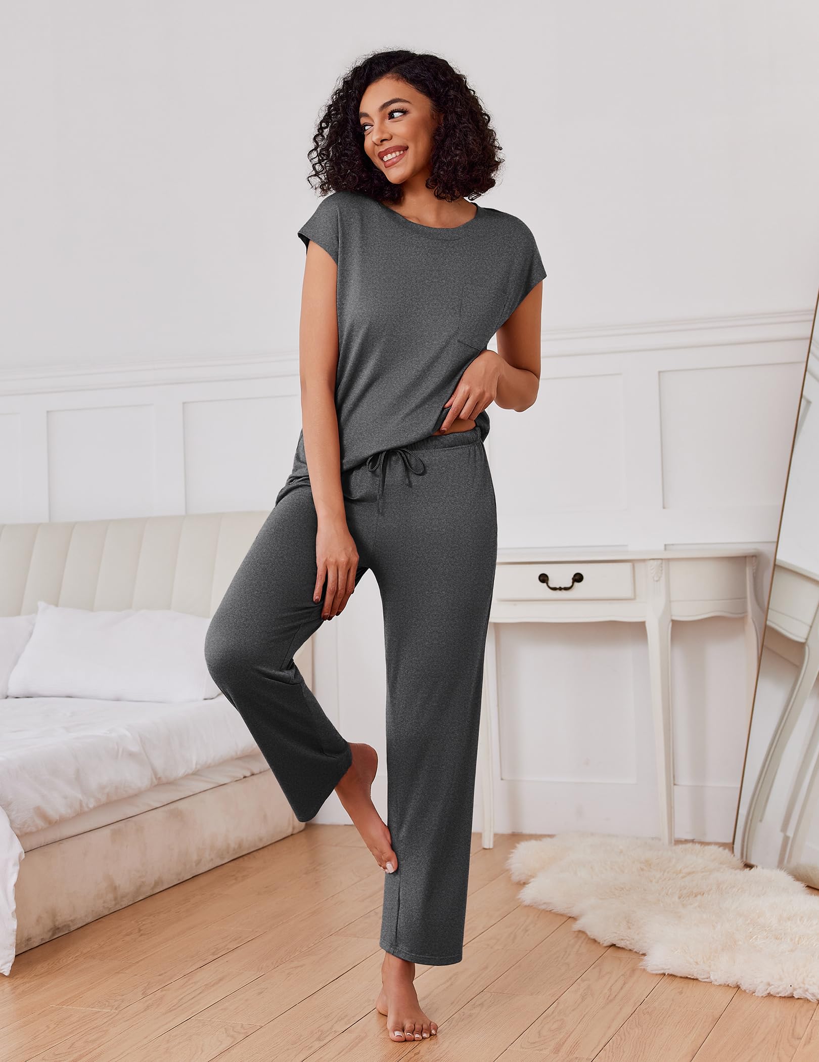 Ekouaer 2 Packs Pajamas for Women Set Cap Sleeve Top and Pants Soft Sleepwear Comfy Pjs Set with Pockets Loungewear
