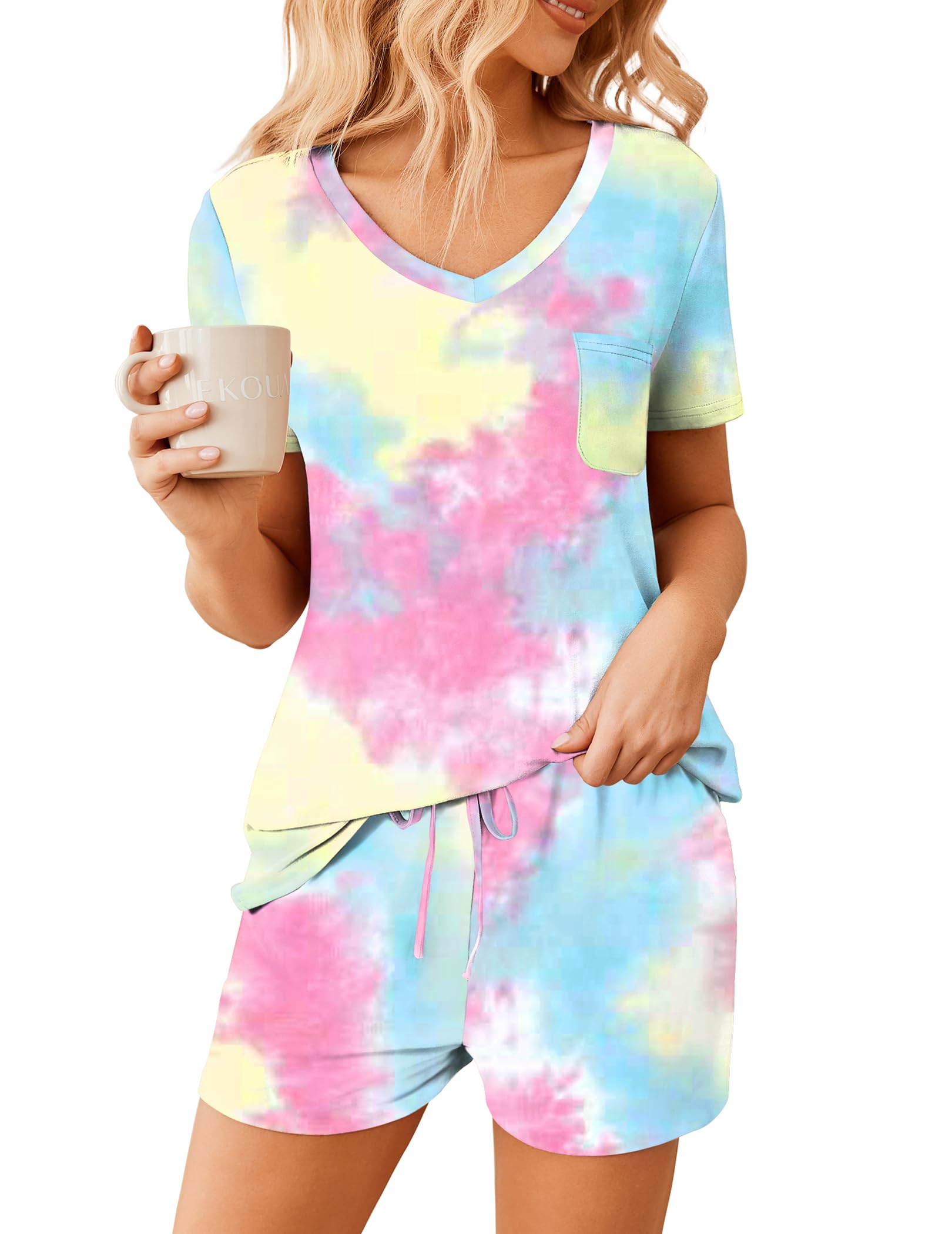 Ekouaer Womens Pajama Sets Short Sleeve Pajamas for Women Sets Soft Lounge Sets Casual V Neck Sleepwear PJS