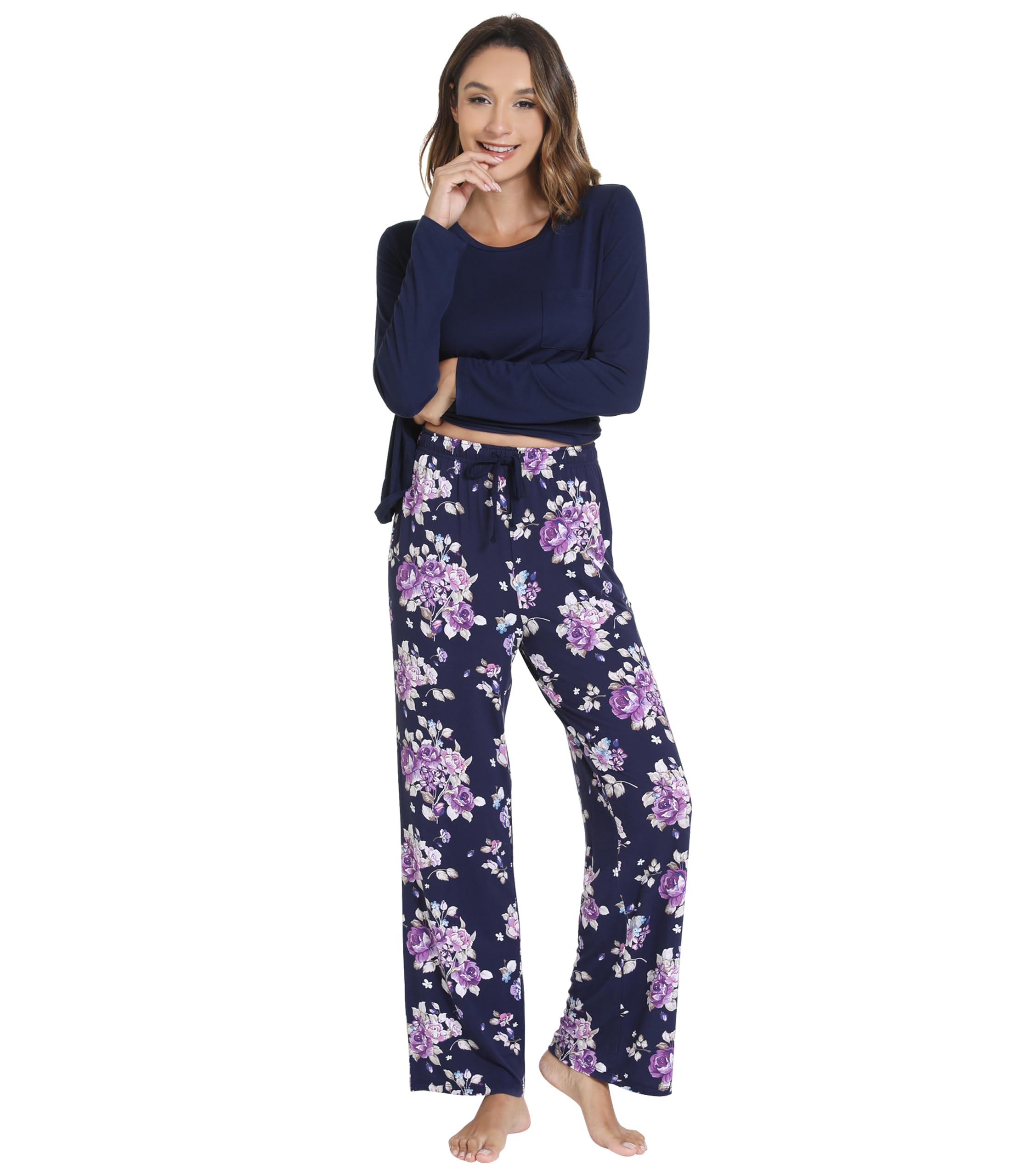 WiWi Bamboo Viscose Pajama Set for Women Super Soft Long Sleeve Top with Pants Loungewear Cooling 2 Piece Pjs Sets S-XXL